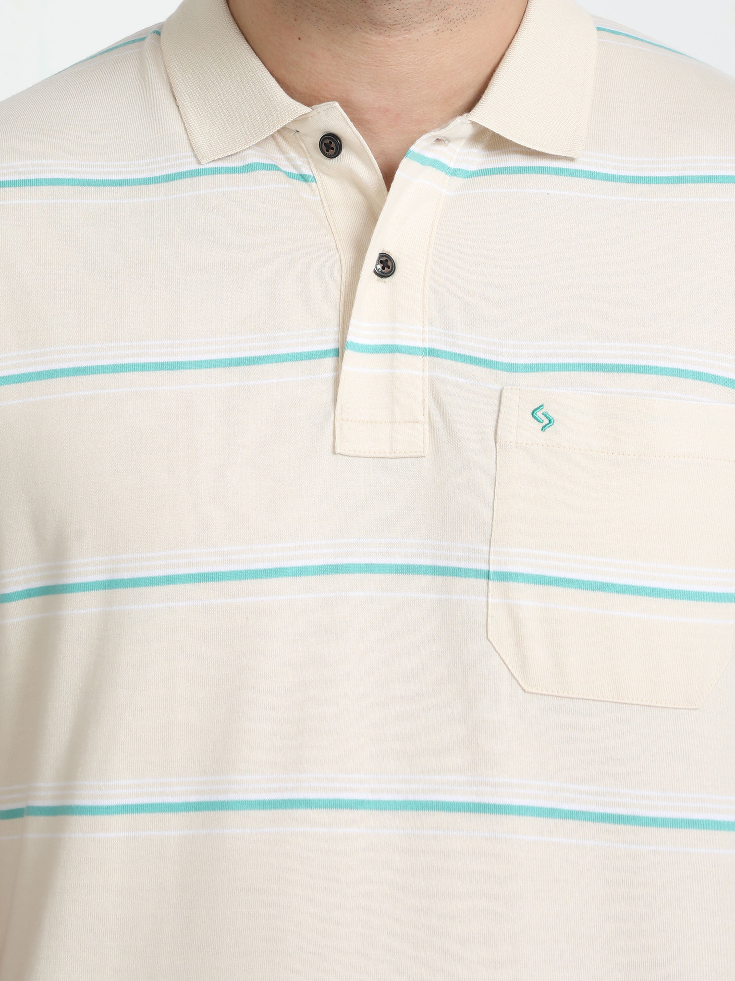 Classic Polo Mens Cotton Half Sleeves Striped Authentic Fit Polo Neck Cream Color T-Shirt | Avon - 538 A Af P