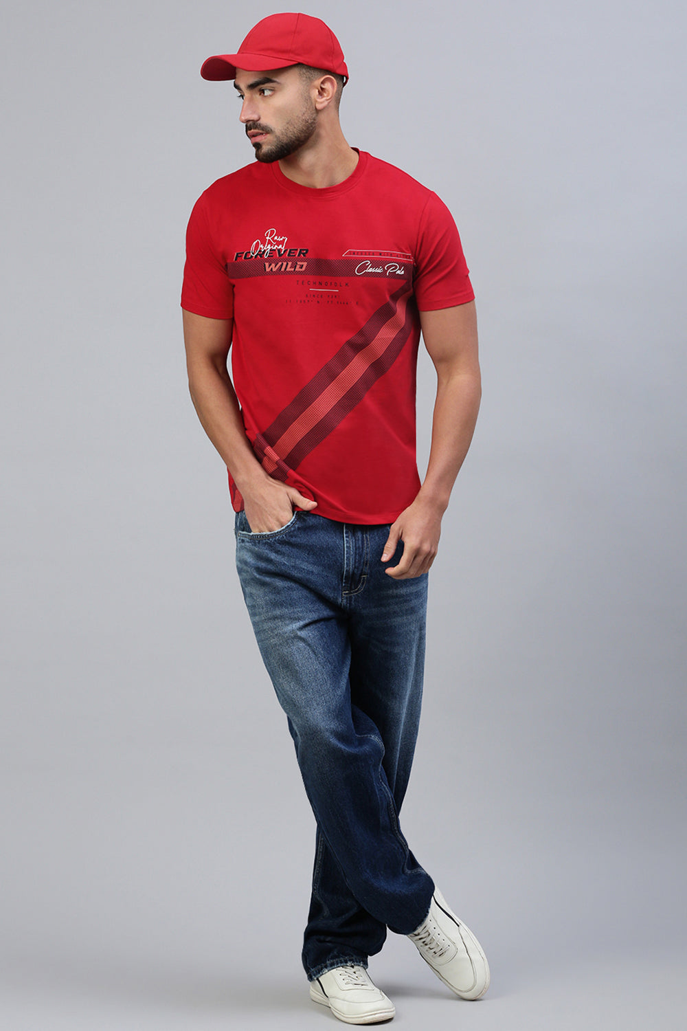 Classic Polo Men's Half Sleeve Red Crew Neck Slim Fit Printed T-Shirt