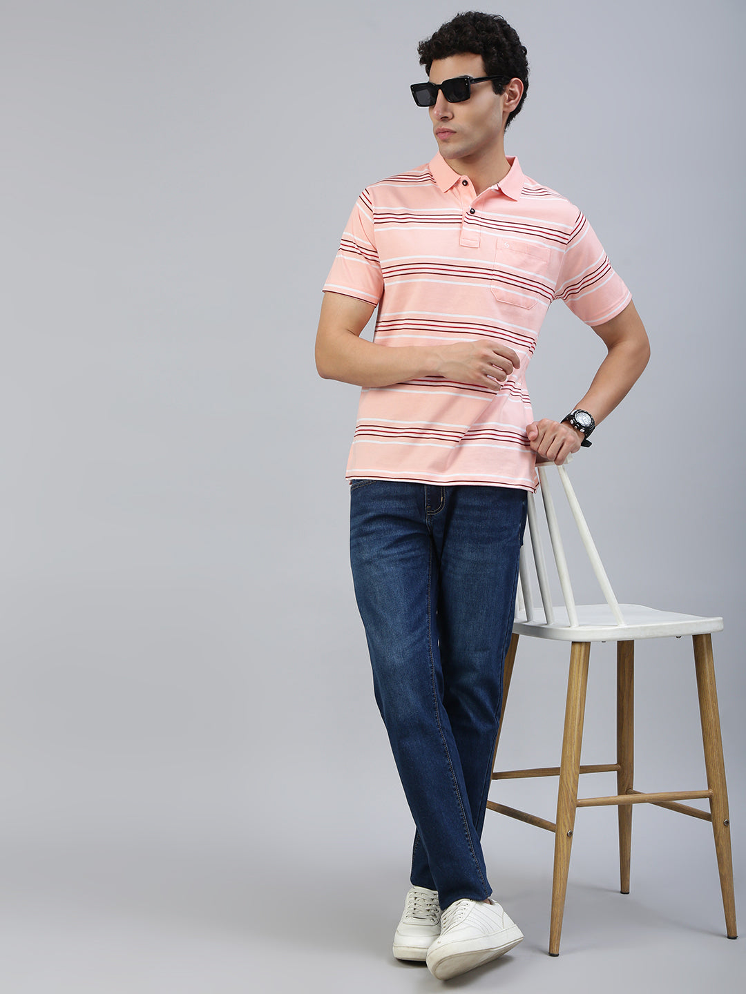 Classic Polo Men's Half Sleeve Peach/White Polo Neck Authentic Fit Striped T-Shirt||AVON - 608 A AF P