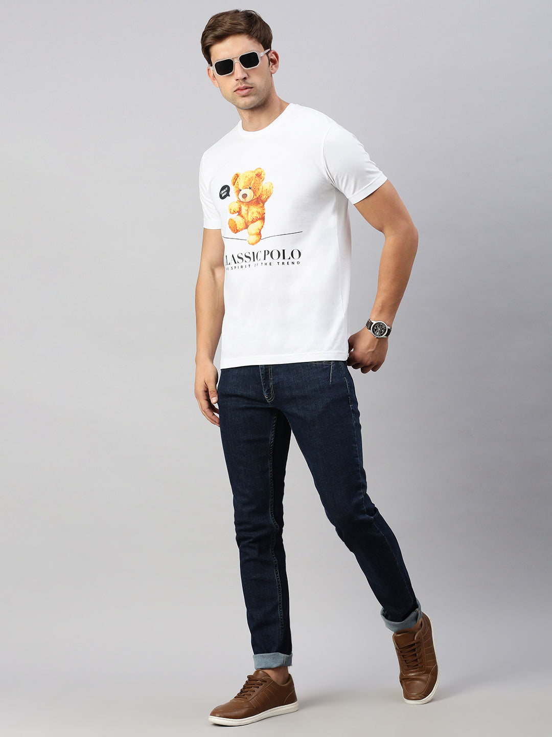 Classic Polo Men's Half Sleeve White Crew Neck Slim Fit Printed T-Shirt | BALENO - 602 B SF C