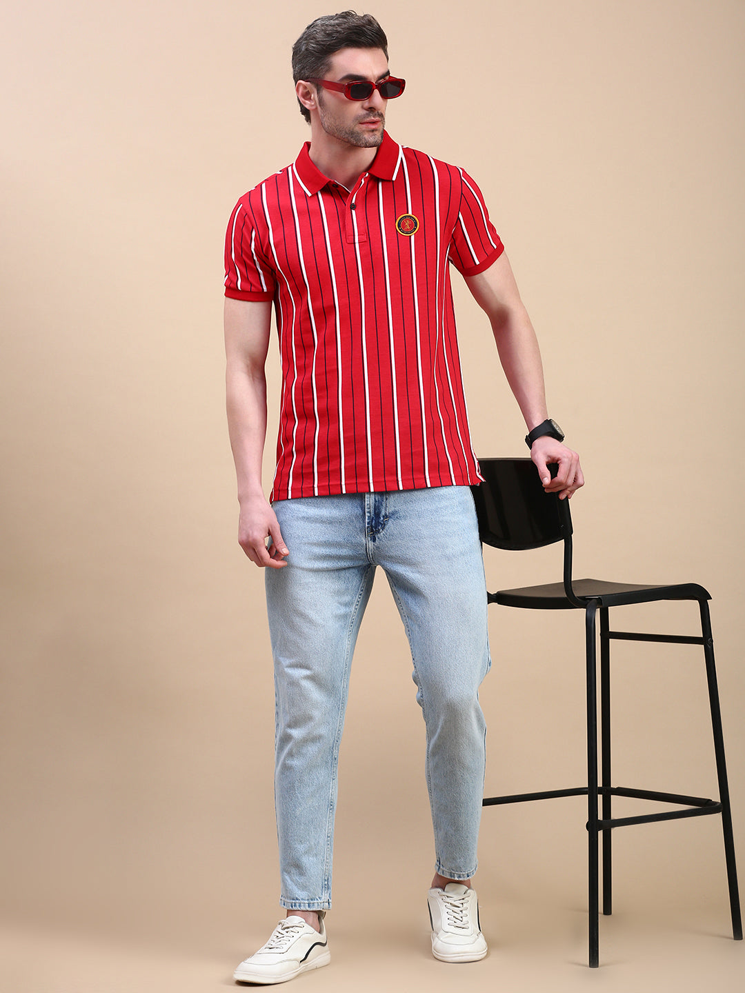 Classic Polo Men's Half Sleeve Red/White Polo Neck Slim Fit Striped T-Shirt||GENX-POLO 37 B SF P