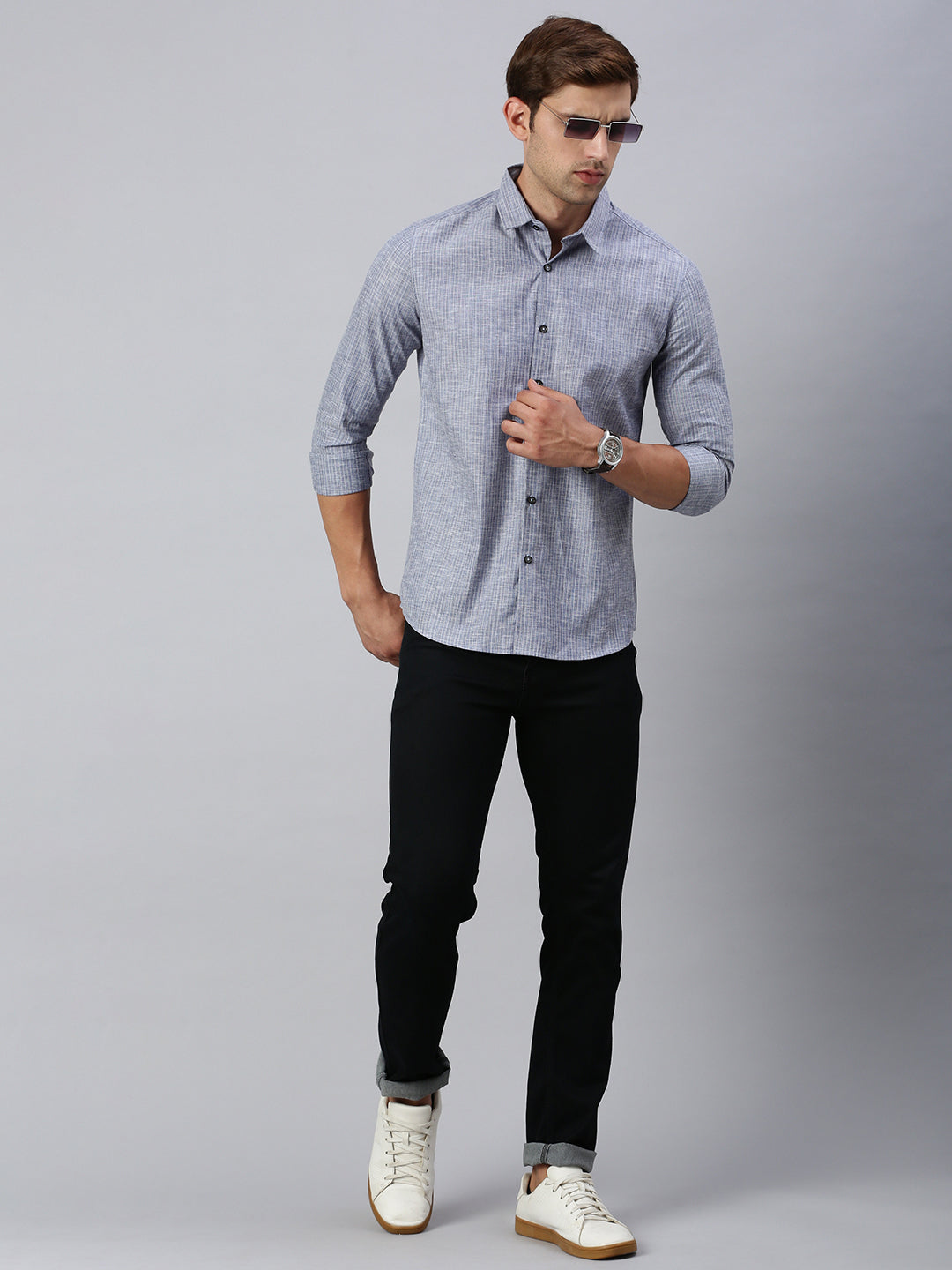 Classic Polo Men's Full Sleeve Dark Grey Polo Neck Slim Fit Striped Shirt | SP2-EL-12 B-FS-STR-SF