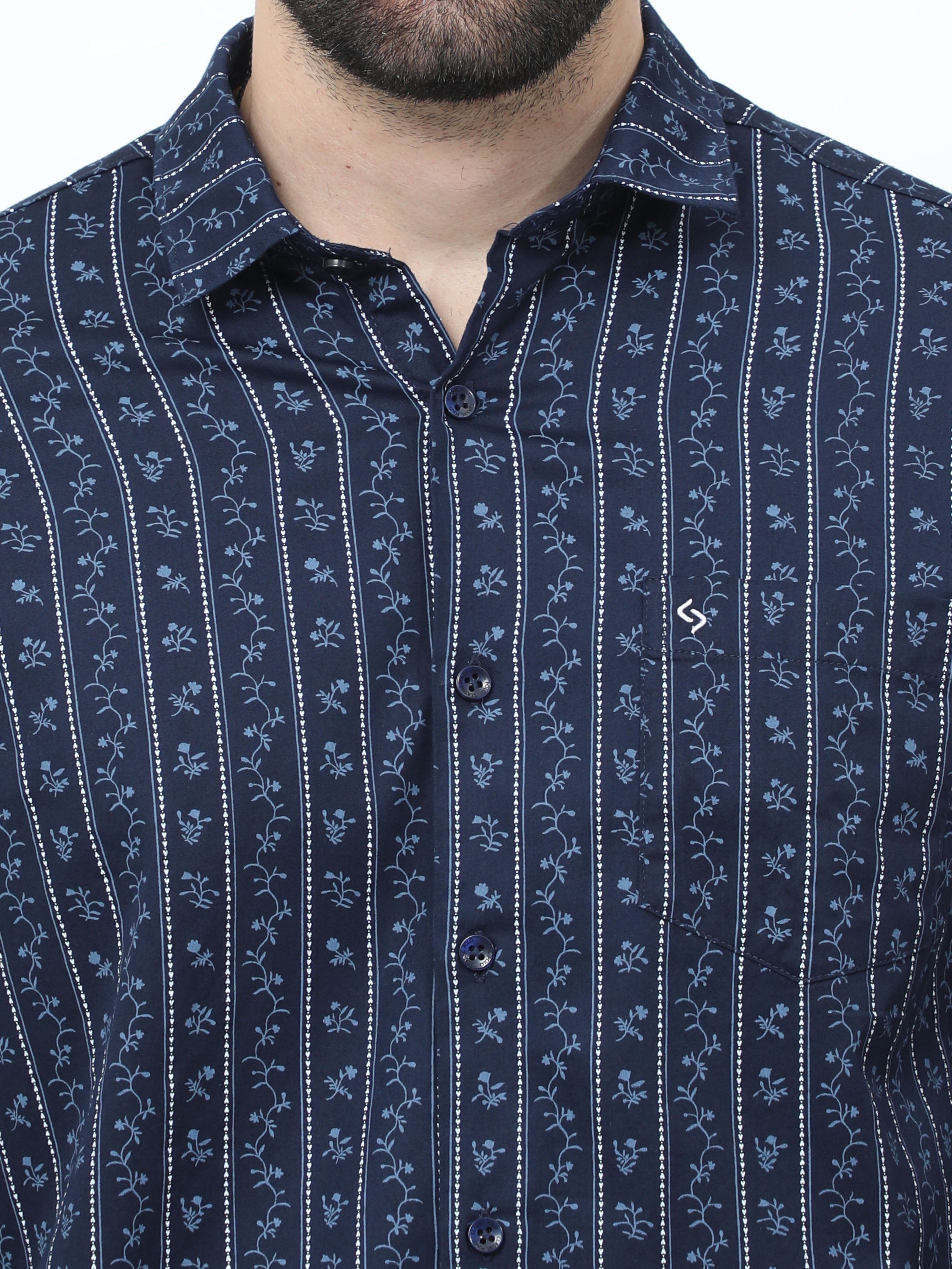 Classic Polo Mens Pure Cotton Full Sleeves Floral Slim Fit Polo Neck Dark Navy Color Woven Shirt | So2-167 B-Fs-Prt-Sf