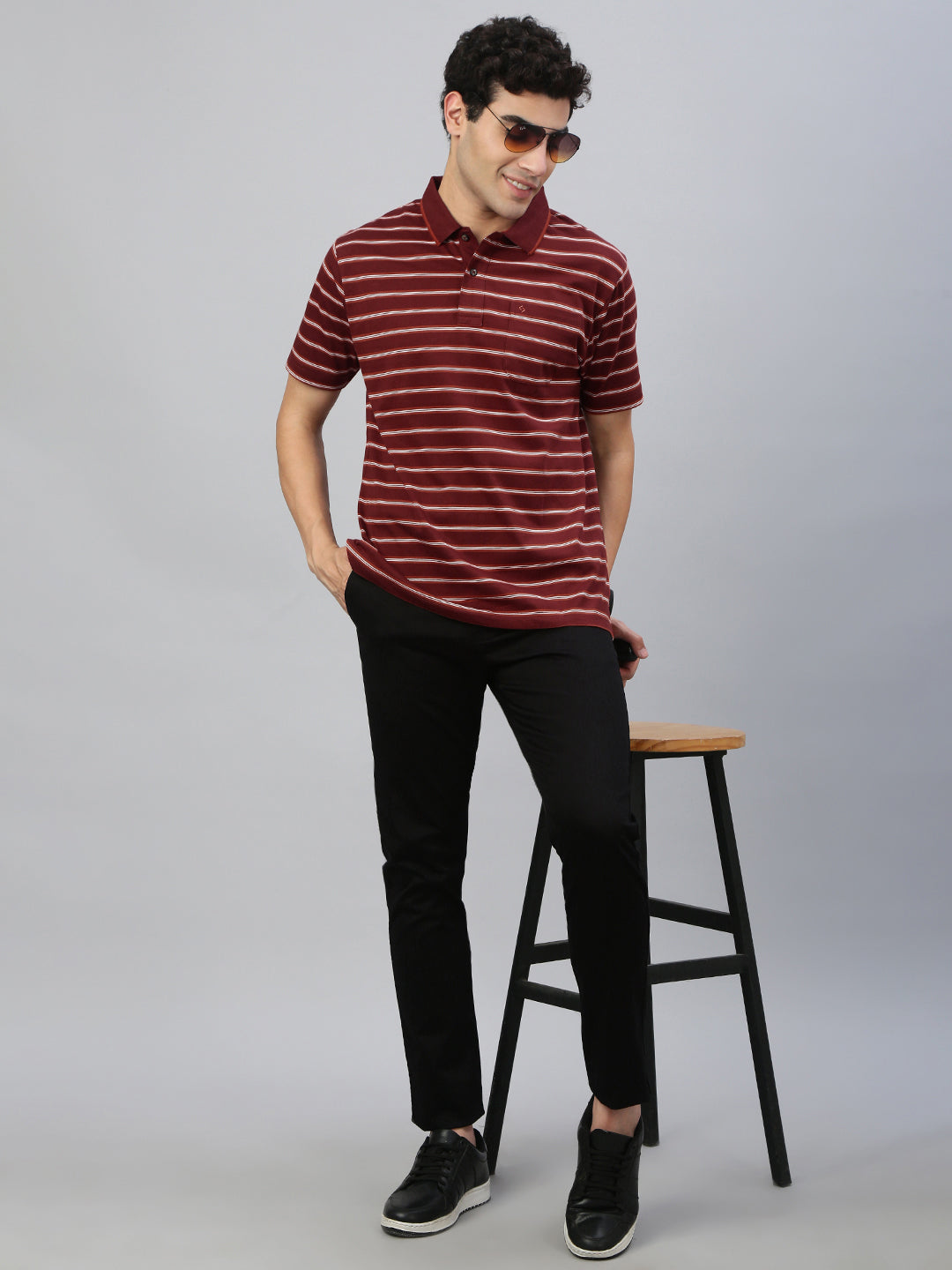 Classic Polo Men's Half Sleeve Burgundy/White Polo Neck Authentic Fit Striped T-Shirt||FEEDERS - 280 A AF P