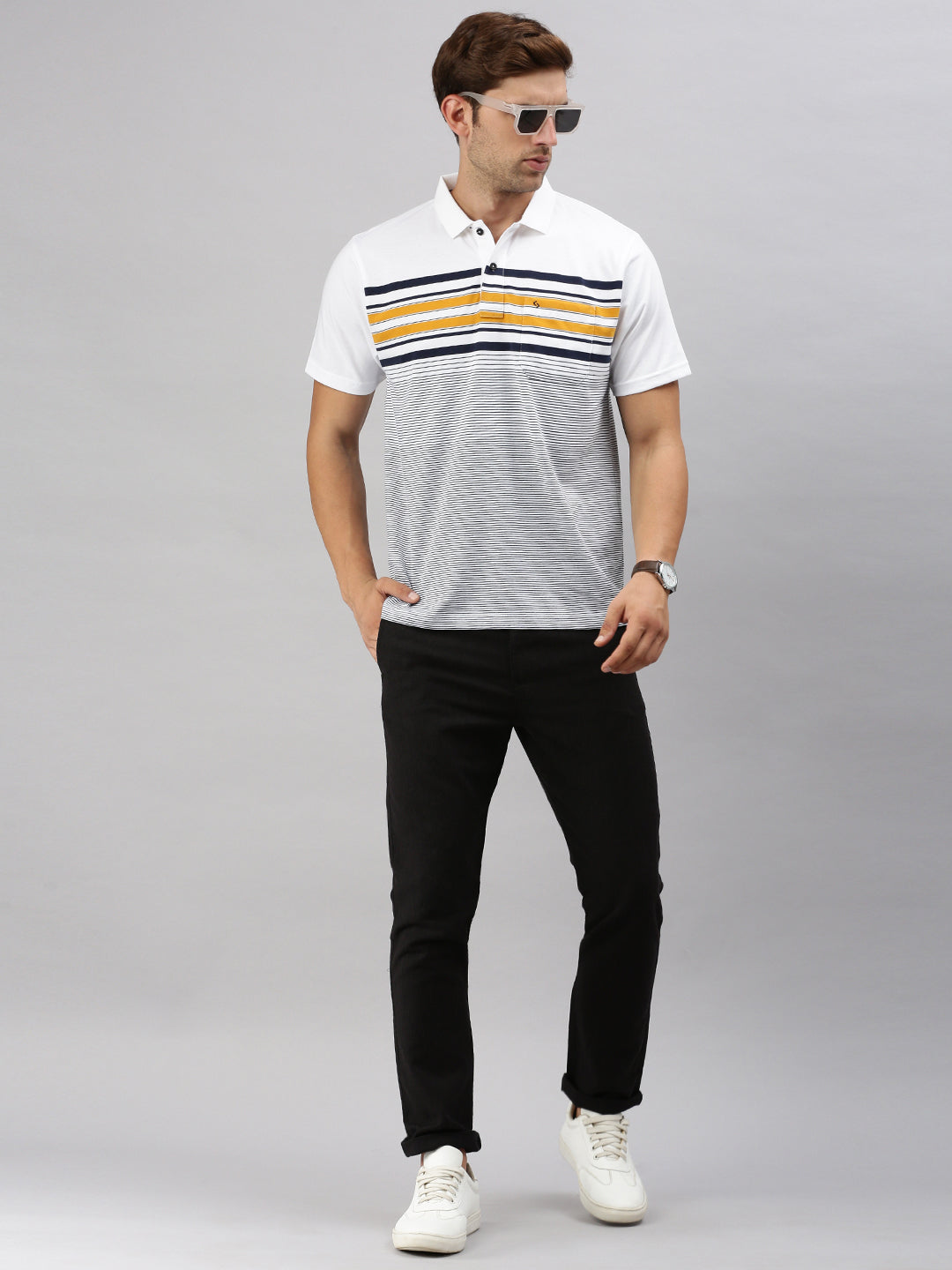 Classic Polo Men's Half Sleeve White/Navy Polo Neck Cotton Authentic Fit T Shirt | AVON - 578 A AF P