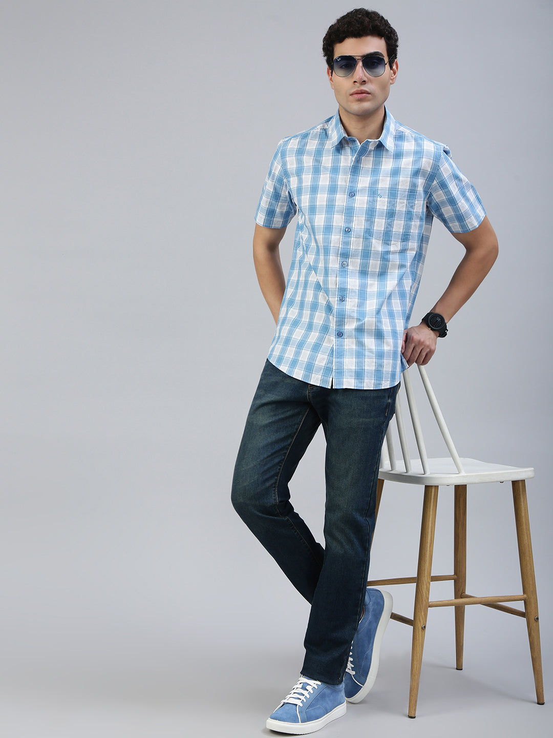 Classic Polo Men's Half Sleeve Blue/White Polo Neck Slim Fit Checked Shirt||SQ1-CL-62 A-HS-CHK-SF