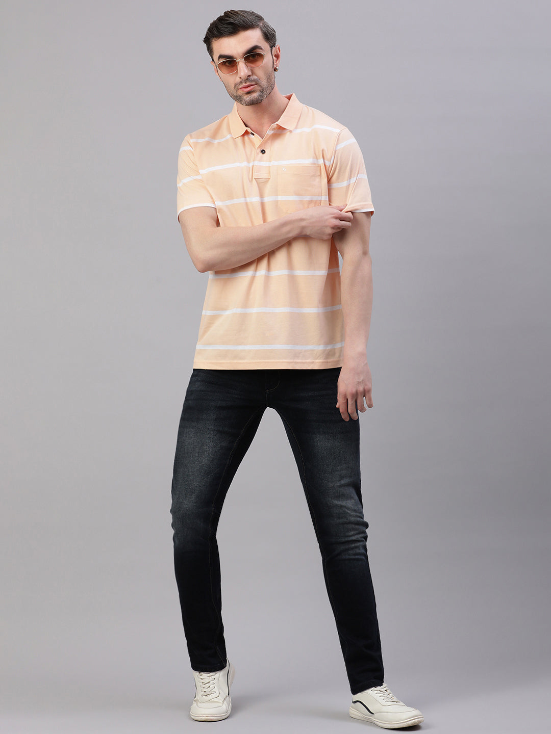Classic Polo Men's Half Sleeve Lt.Orange/White Polo Neck Authentic Fit Striped T-Shirt||AVON - 609 A AF P
