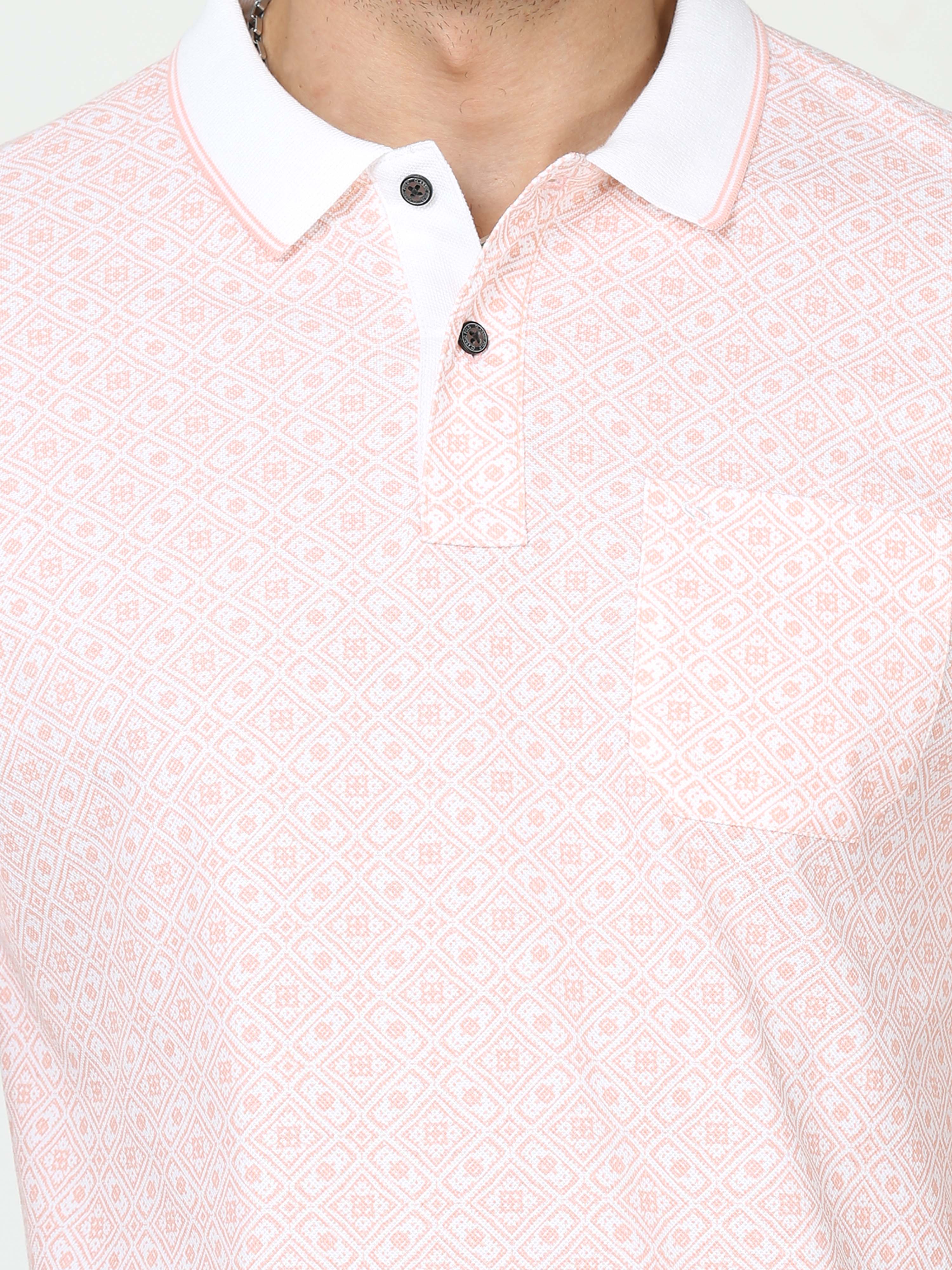 Classic Polo Mens Pure Cotton Half Sleeves Floral Slim Fit Polo Neck Pink Color T-Shirt | Beau - 211 B Sf P