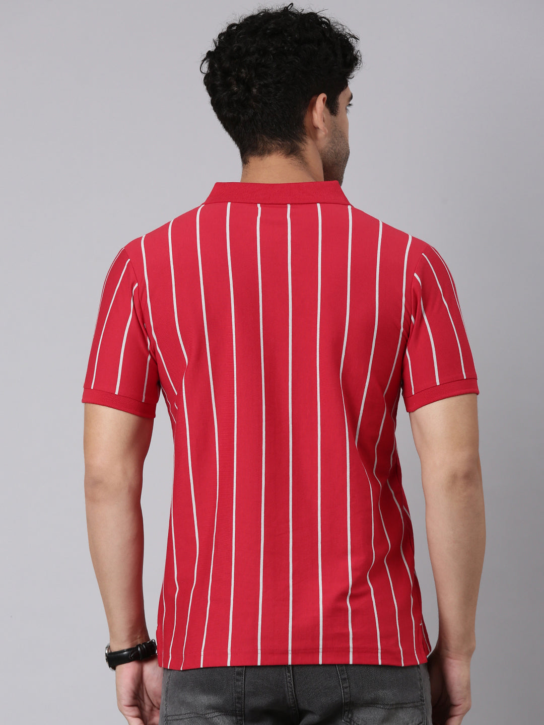 Classic Polo Men's Half Sleeve Red/White Polo Neck Slim Fit Striped Cotton Blend T-Shirt | VERTICS - 123 B SF P