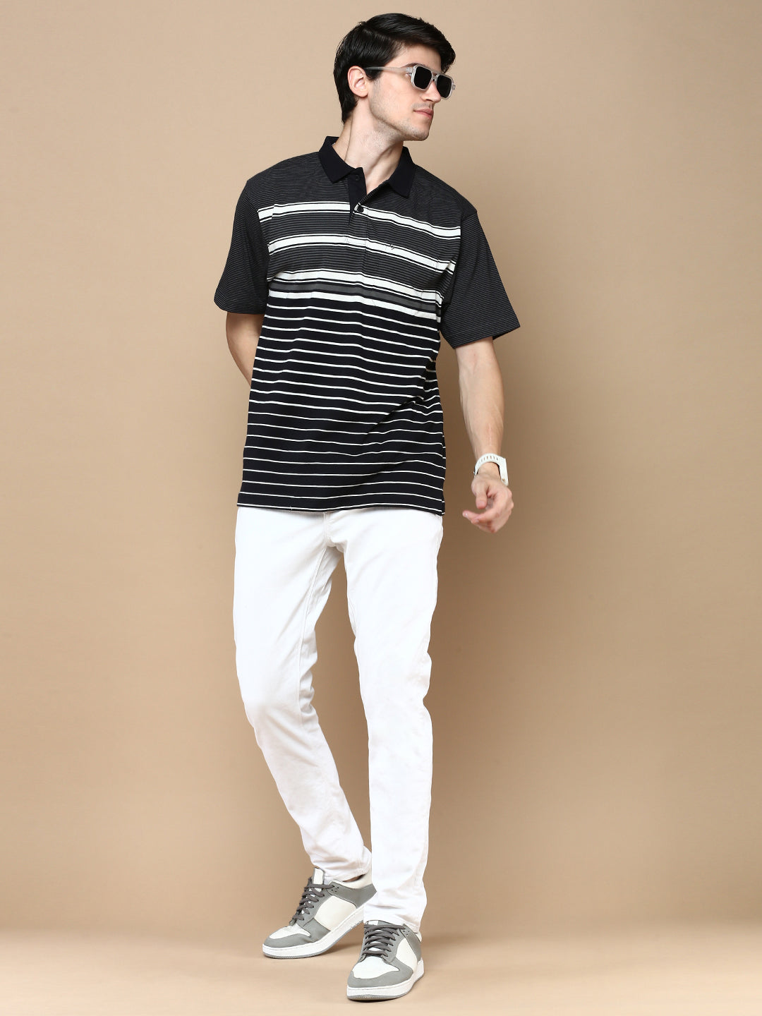 Classic Polo Men's Half Sleeve Black/White Polo Neck Cotton Authentic Fit T Shirt | AVON - 591 B AF P