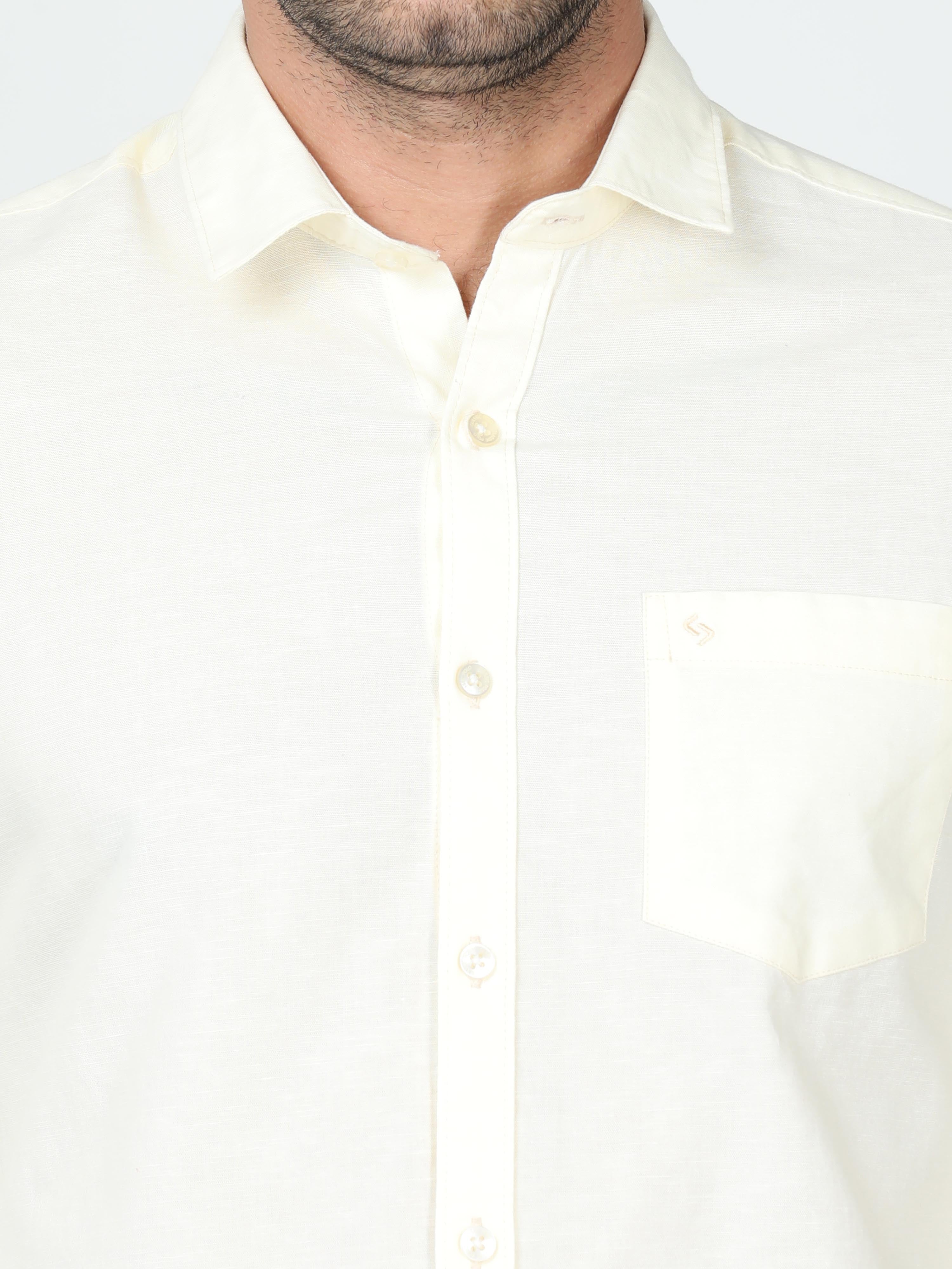 Classic Polo Mens Linen Cotton Full Sleeve Slim Fit Polo Neck Cream Color Woven Shirt | Linen - 12 B-FS-SLD-SF