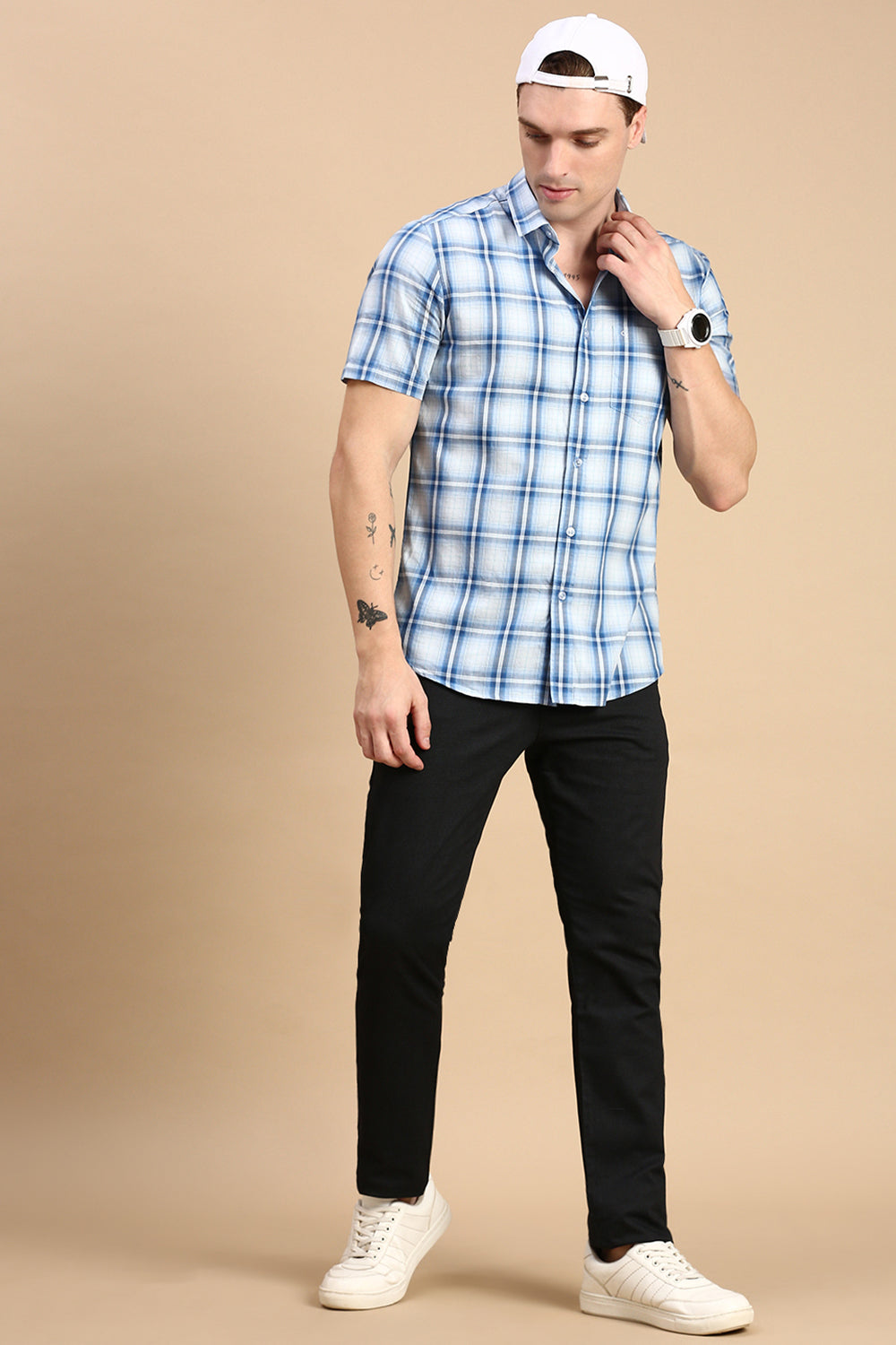 Classic Polo Men's Half Sleeve Blue/White Polo Neck Slim Fit Checked Shirt | SP2-CL-75 A-HS-CHK-SF