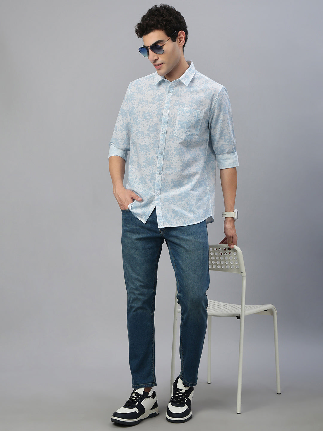 Classic Polo Men's Full Sleeve Lt.Blue/White Polo Neck Slim Fit All Over Print Shirt||SQ1-CL-09 B-FS-PRT-SF