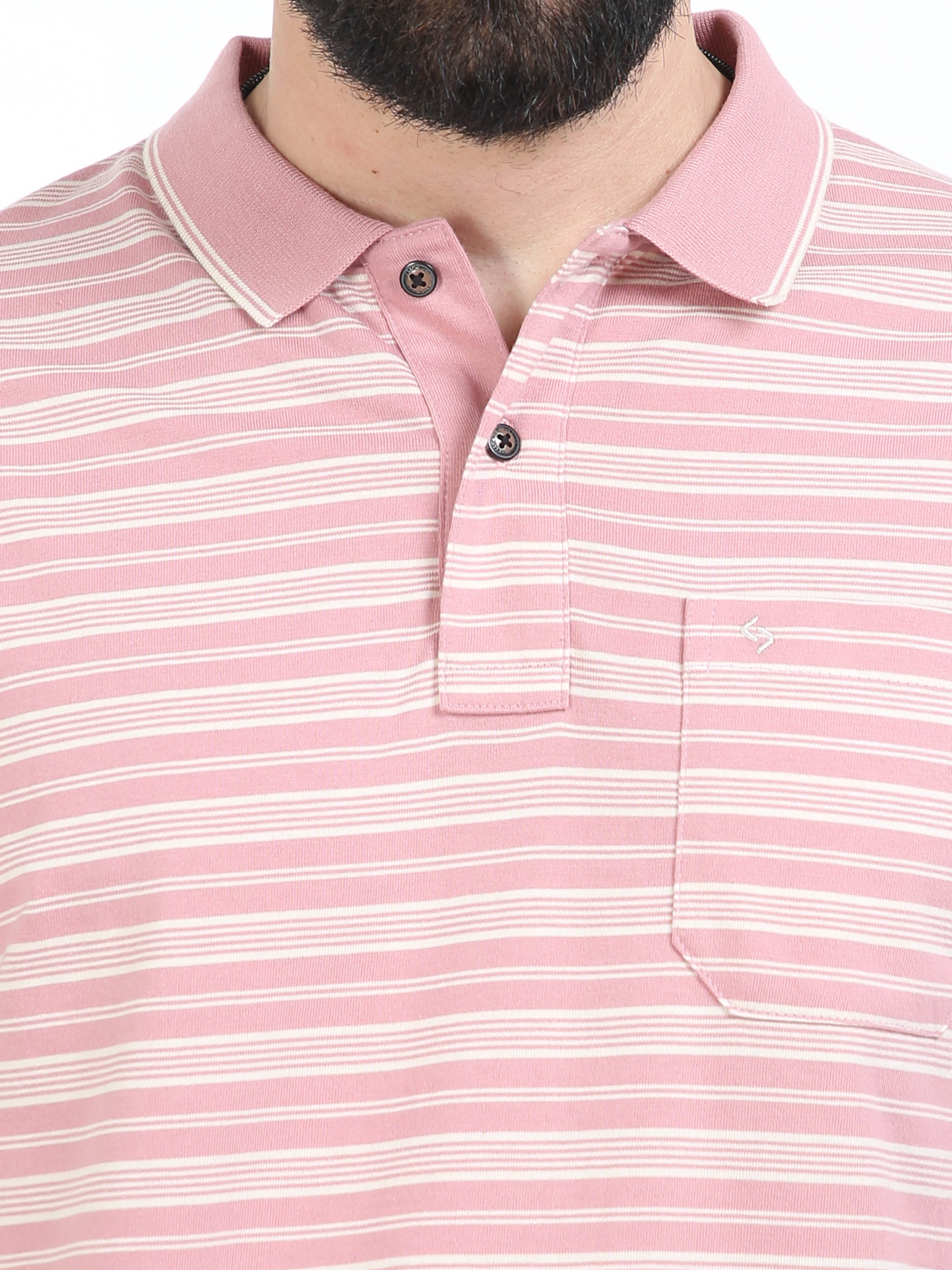 Classic Polo Mens Cotton Half Sleeves Striped Authentic Fit Polo Neck Peach Color T-Shirt | Feeders-234 B Af P