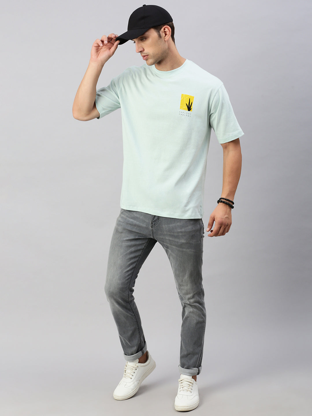 Classic Polo Men's Half Sleeve Light Teal Crew Neck Slim Fit Printed Oversized T-Shirt | GENX-CREW 59 B SF C