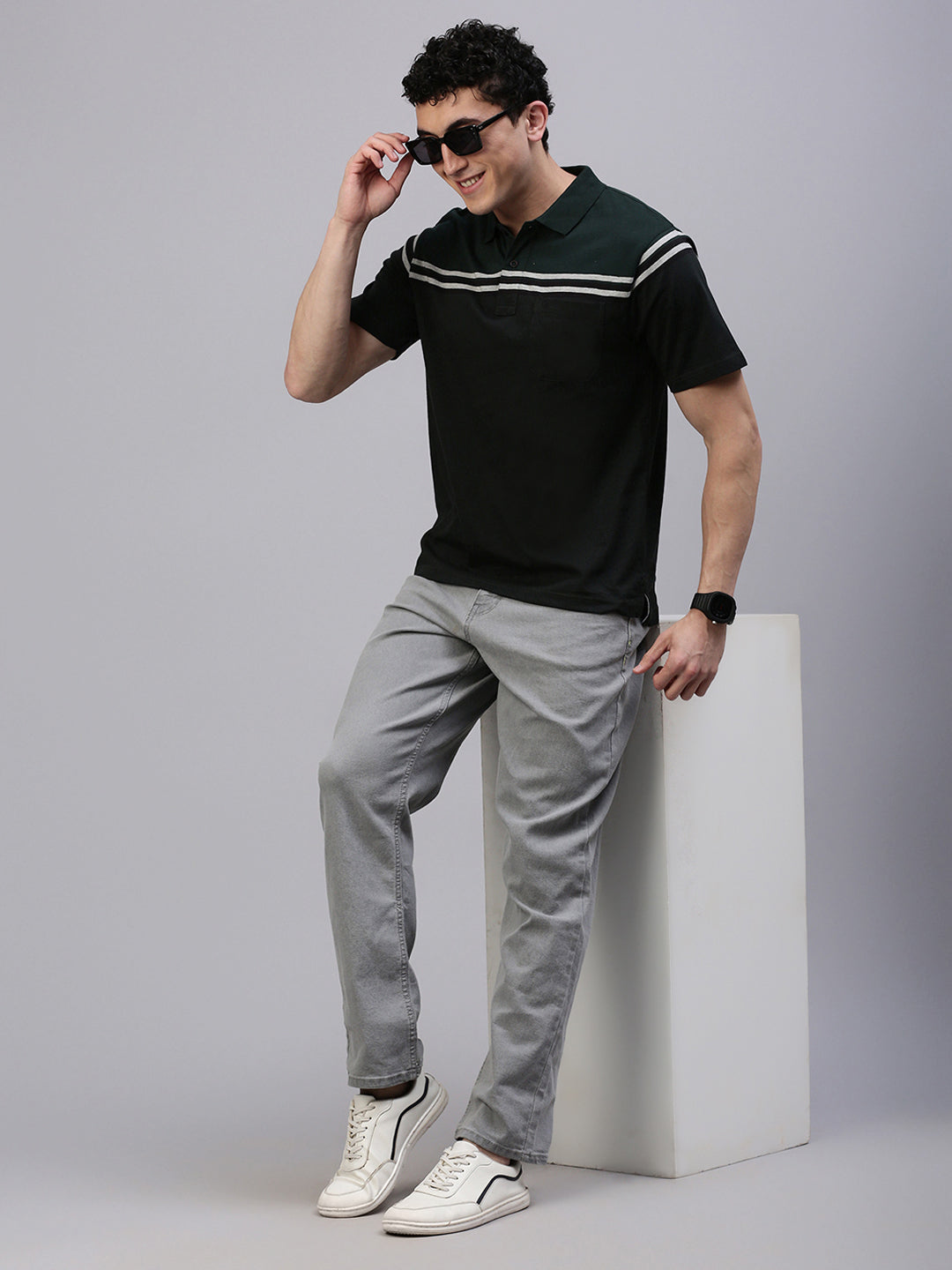 Classic Polo Men's Half Sleeve Black/Dark Green Polo Neck Authentic Fit Striped T-Shirt||MEL - 265 A AF P
