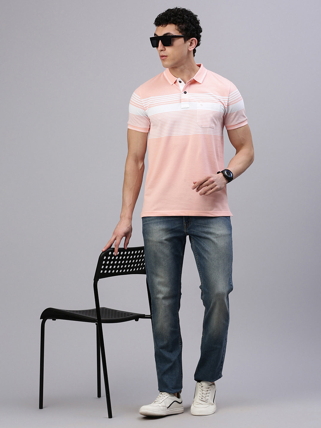 Classic Polo Men's Half Sleeve Lt.Orange/White Polo Neck Slim Fit Striped T-Shirt||VTA - 291 A SF P