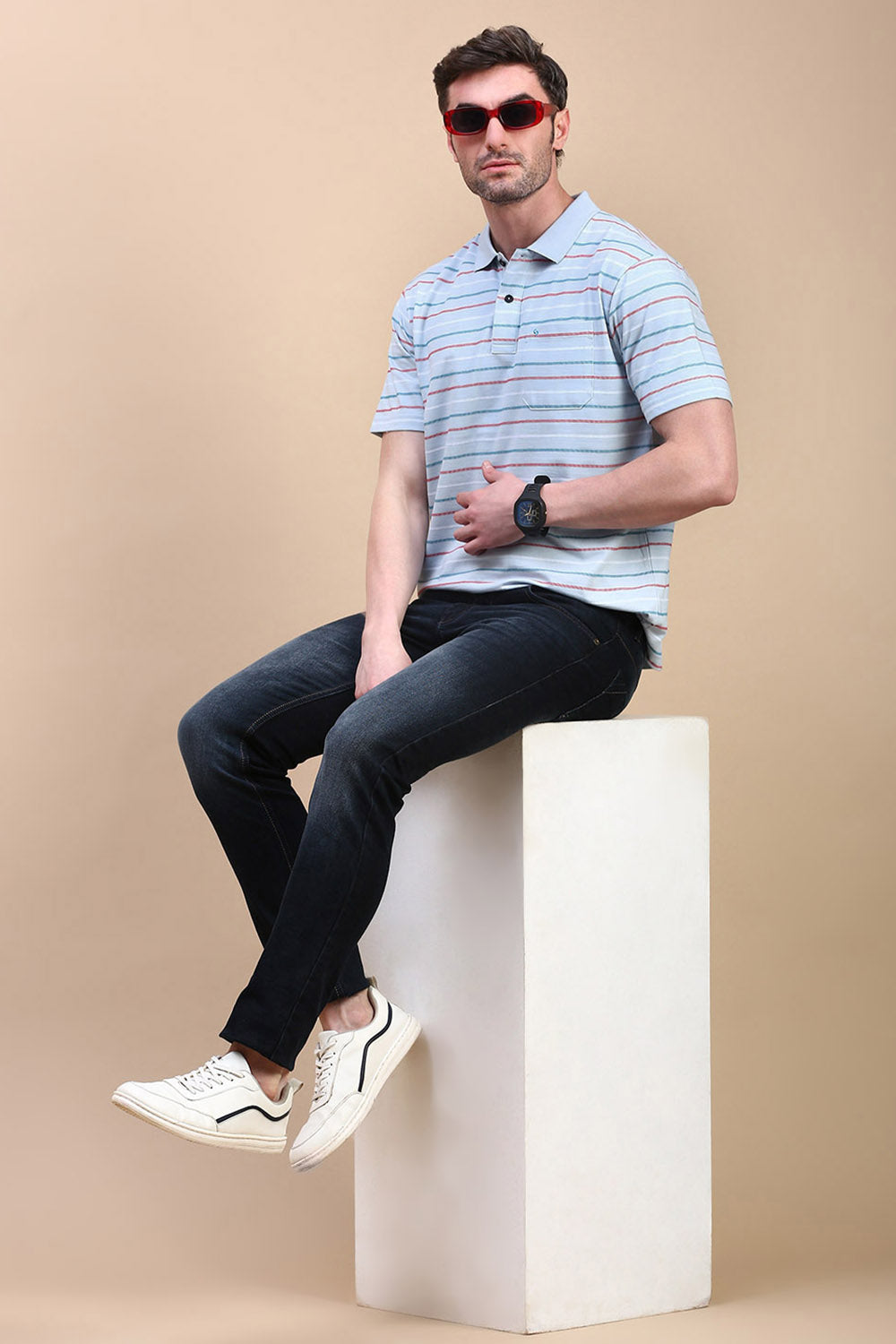 Classic Polo Men's Half Sleeve Blue Polo Neck Authentic Fit Striped T-Shirt | AVON - 602 B AF P