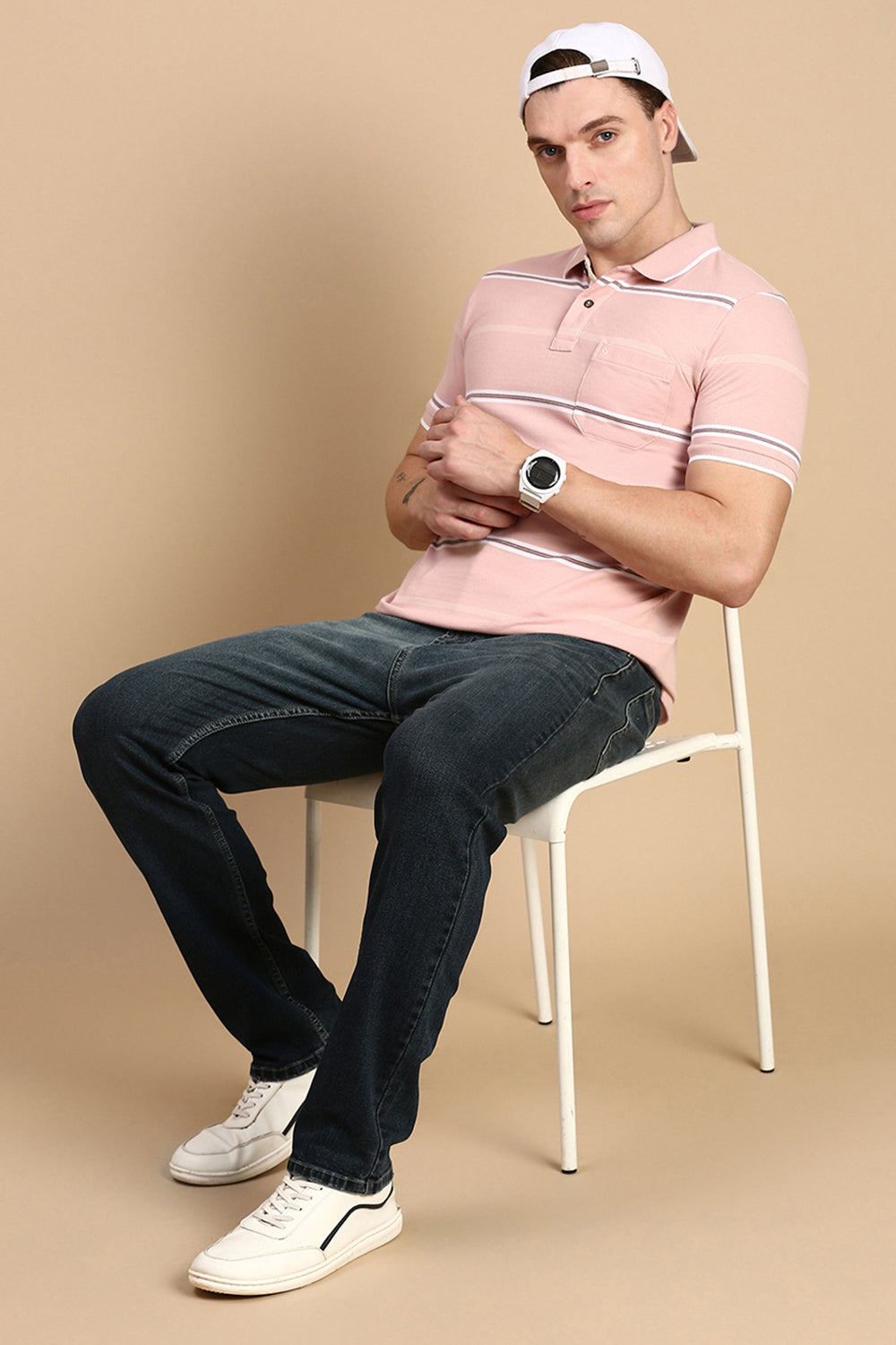 Classic Polo Men's Half Sleeve Pink/White Polo Neck Slim Fit Striped T-Shirt | ADORE - 226 B SF P