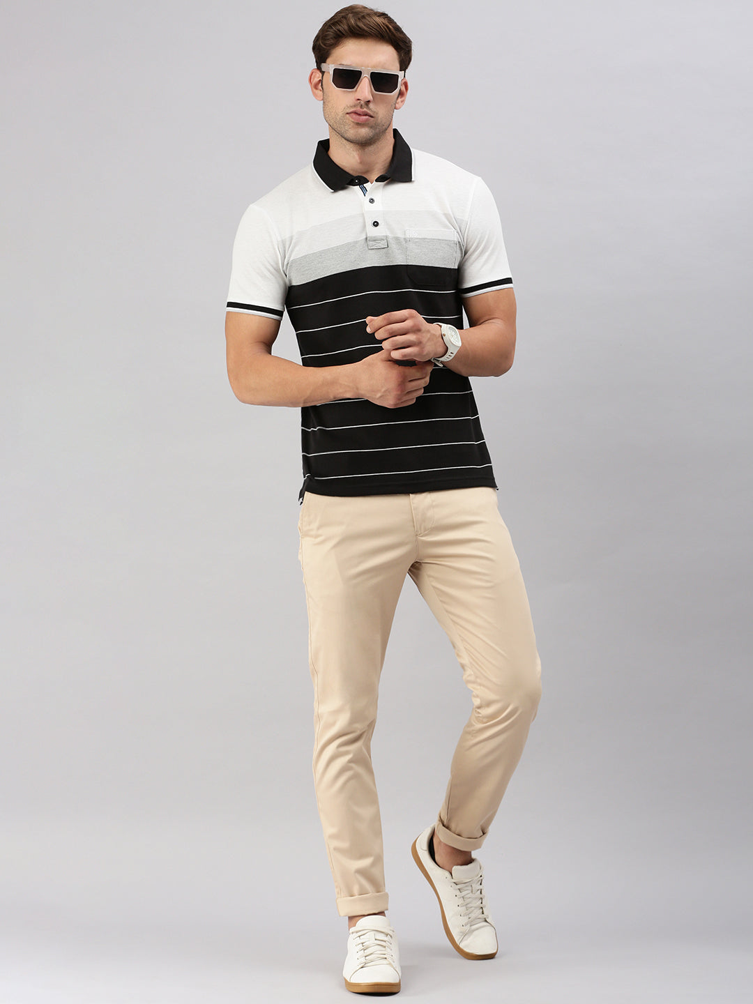 Classic Polo Men's Half Sleeve Black/White Polo Neck Slim Fit Striped T-Shirt | VTA - 283 A SF P