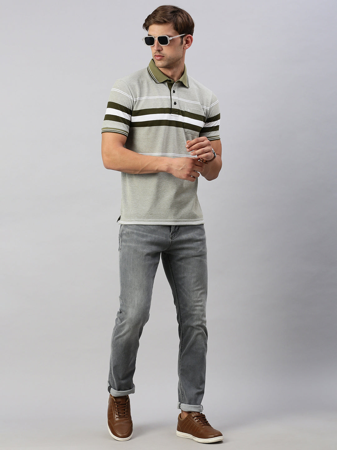 Classic Polo Men's Half Sleeve Grey/Olive Polo Neck Slim Fit Striped T-Shirt | VTA - 285 A SF P