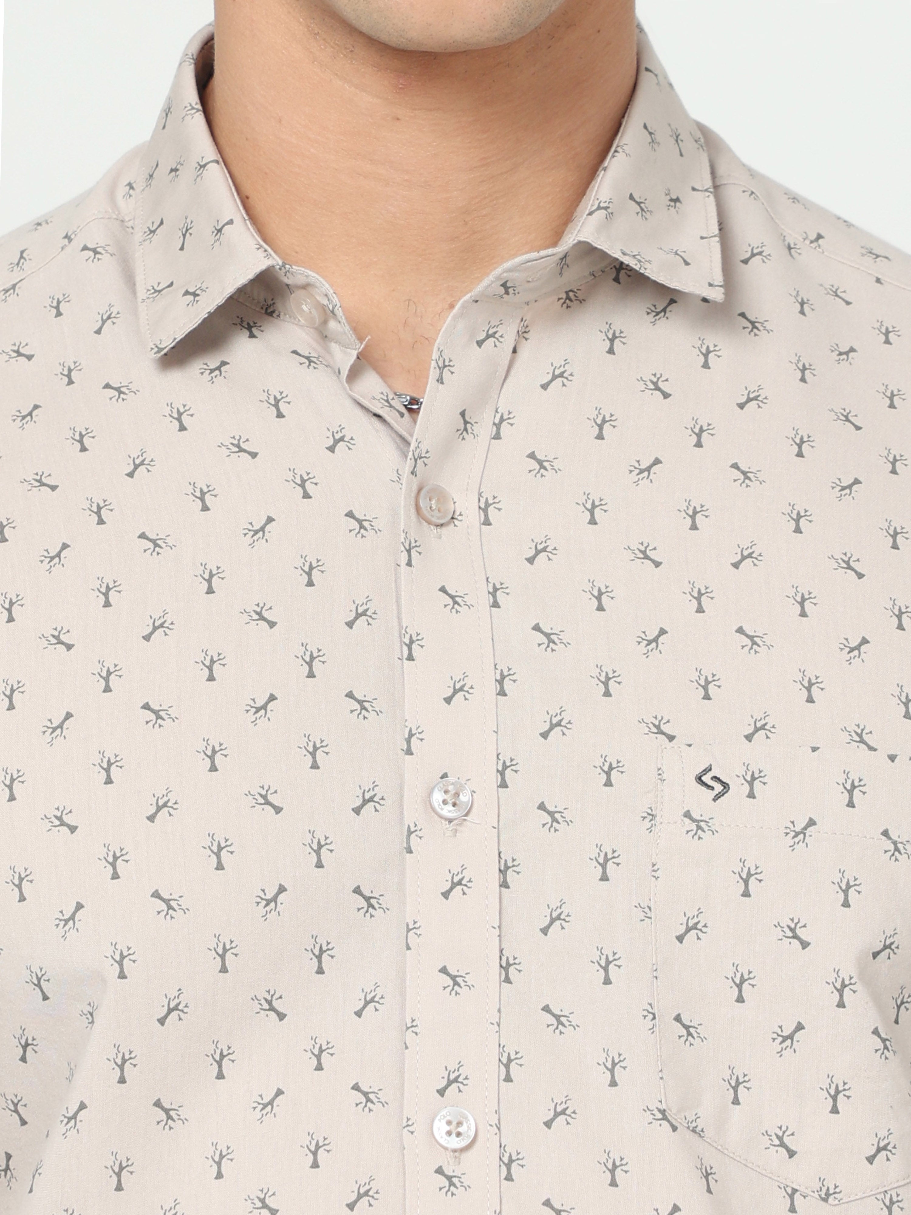 Classic Polo Men's Cotton Full Sleeve Printed Slim Fit Polo Neck Cream Color Woven Shirt | So1-151 B