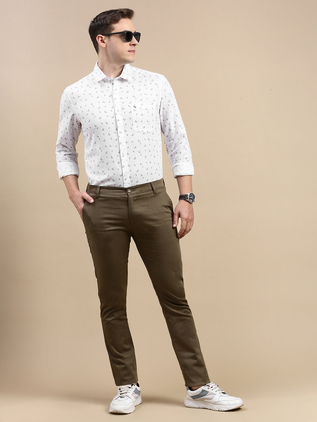 Classic Polo Men's Polo Neck Cotton Linen White/Rust Slim Fit Printed Shirt | LINEN-32A-FS-PRT-SF