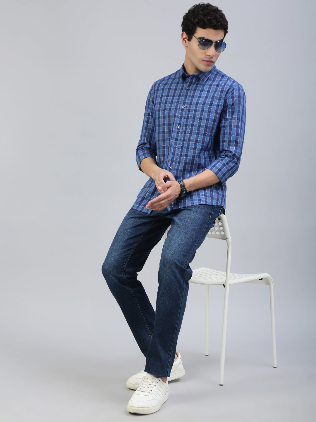Classic Polo Men's Full Sleeve Blue Polo Neck Slim Fit Checked Shirt||SQ1-CL-63 B-FS-CHK-SF