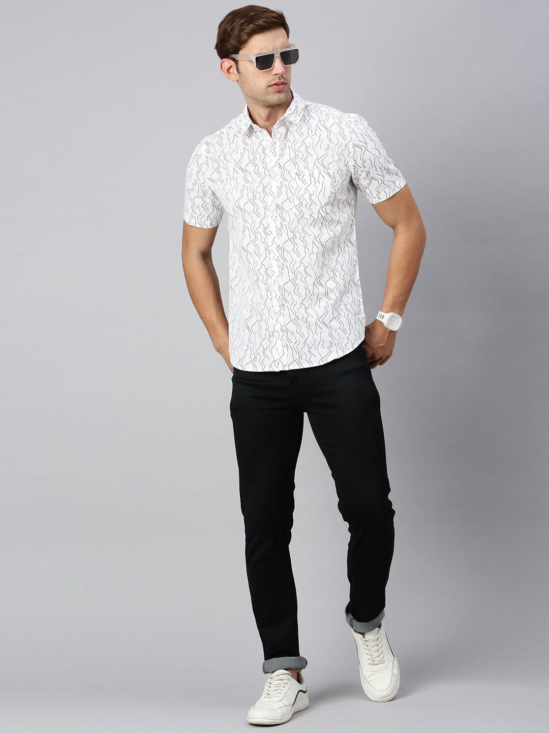 Classic Polo Men's Half Sleeve White/Beige Cotton Slim Fit Woven Shirt | SP2-CL-09 A-HS-PRT-SF