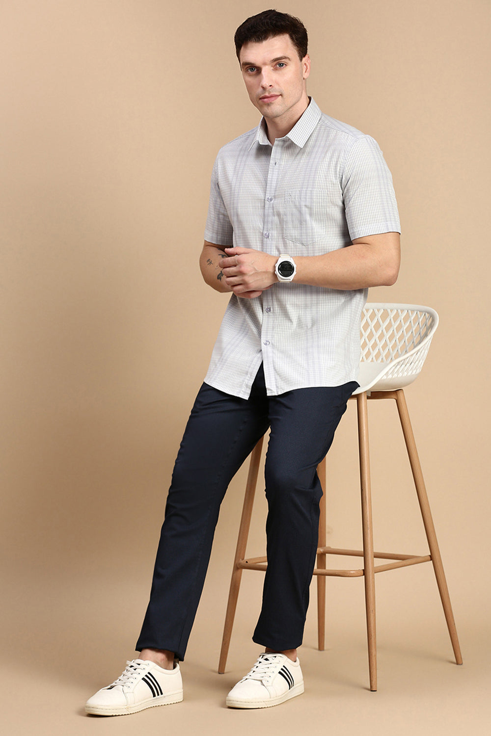 Classic Polo Men's Half Sleeve Grey Polo Neck Slim Fit Checked Shirt | SP2-CL-01 A-HS-CHK-SF