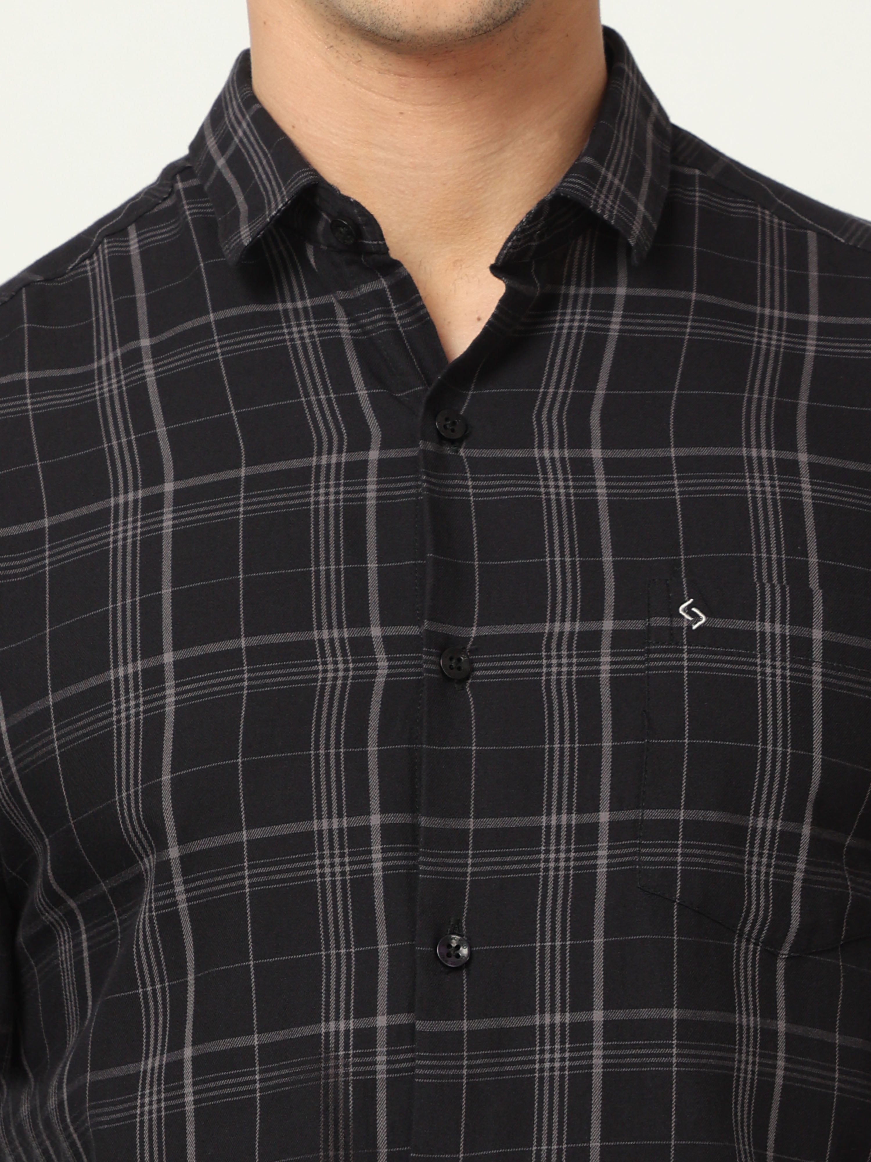 Classic Polo Mens Cotton Full Sleeve Checked Slim Fit Polo Neck Black Color Woven Shirt | SO1-102 B-FS-CHK