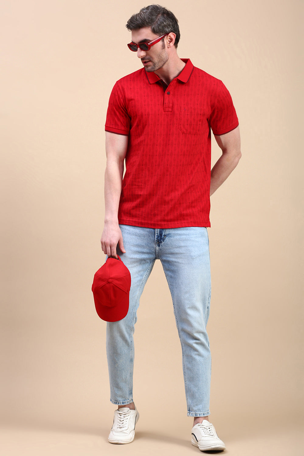 Classic Polo Men's Half Sleeve Red Polo Neck Slim Fit All Over Print T-Shirt | BELLO - 326 B SF P