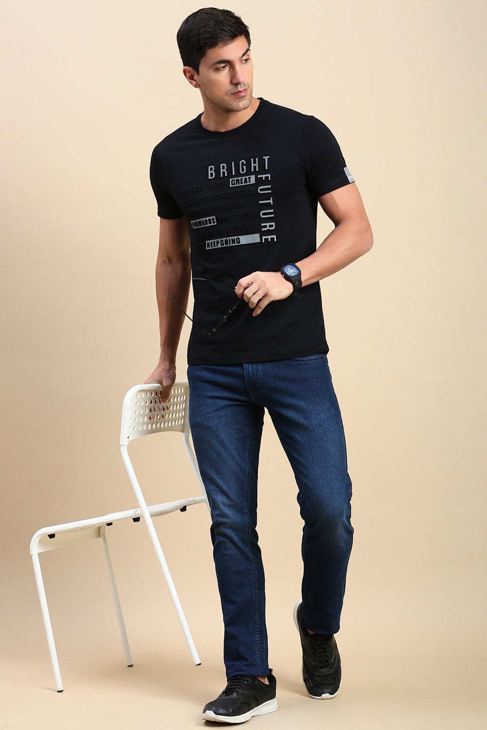 Classic Polo Men's Half Sleeve Black Crew Neck Slim Fit Embossed Printed T-Shirt | BALENO - 604 B SF C