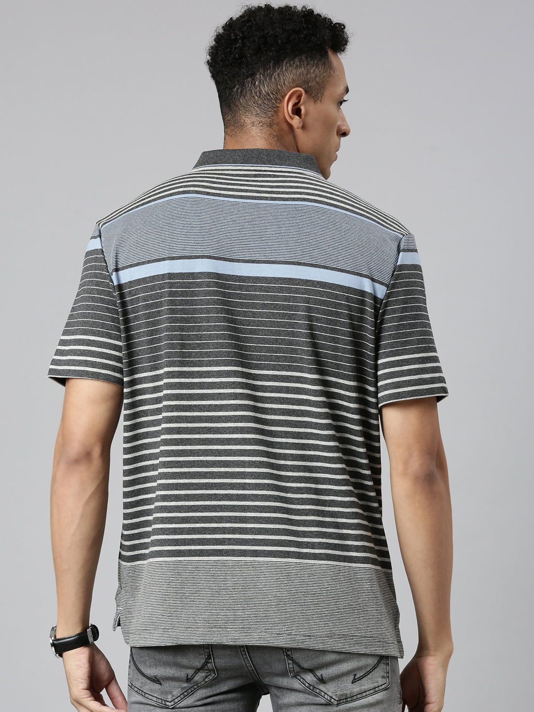 Classic Polo Men's Polo Neck Cotton Navy/Grey Authentic Fit Striped T-Shirt | MEL-252 B AF P