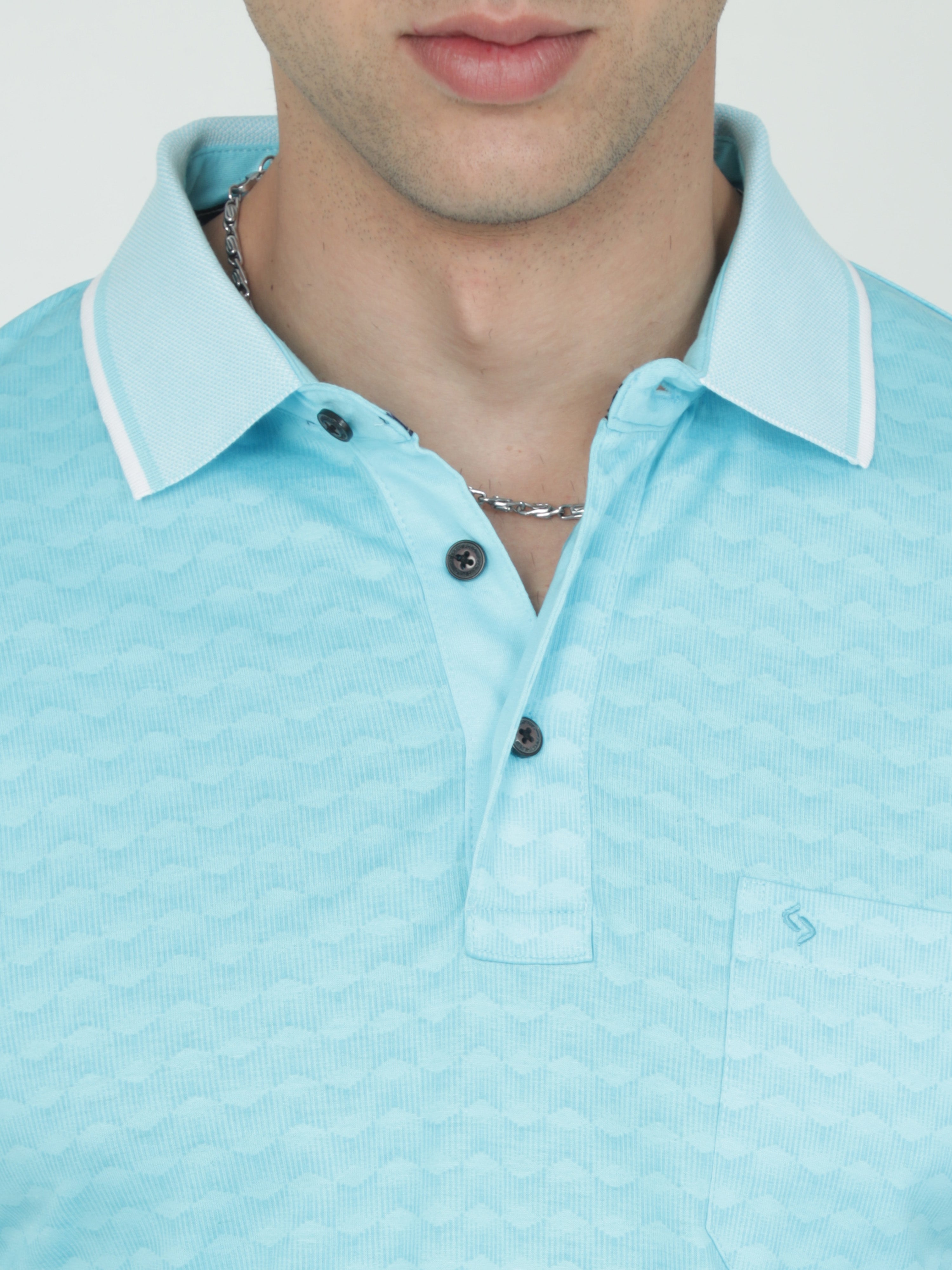 Classic Polo Mens Cotton Half Sleeves Floral Slim Fit Polo Neck Aqua Color T-Shirt | Scant - 28 A Sf P