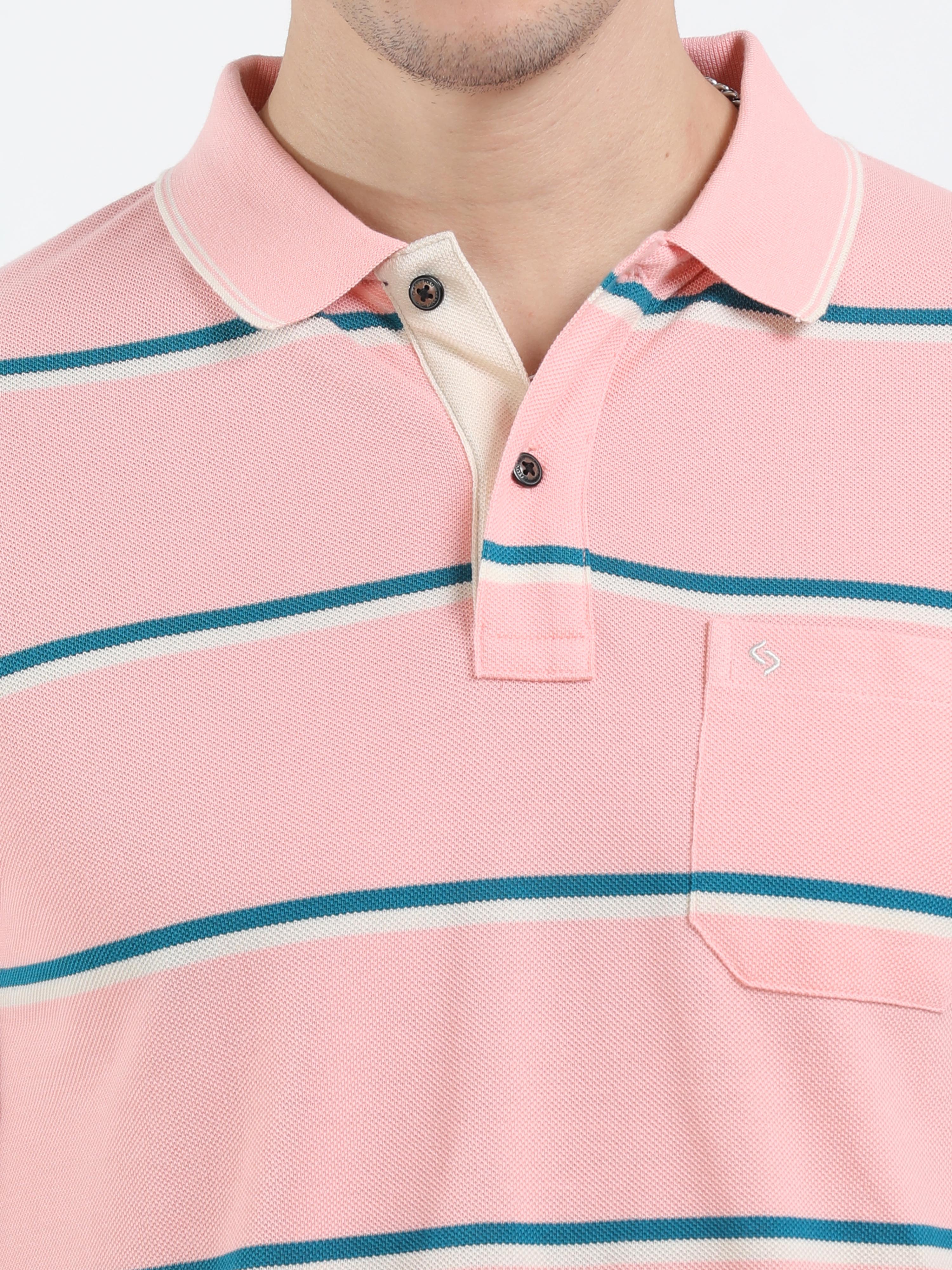 Classic Polo Mens Cotton Half Sleeves Striped Slim Fit Polo Neck Pink Color T-Shirt | Adore - 208 A Sf P
