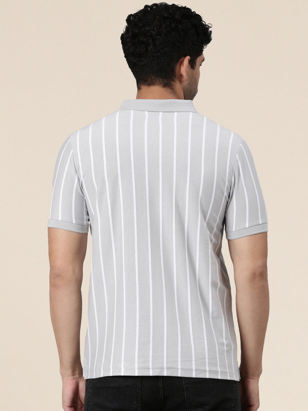 Classic Polo Men's Half Sleeve Grey/White Polo Neck Slim Fit Striped Cotton Blend T-Shirt | VERTICS - 122 B SF P