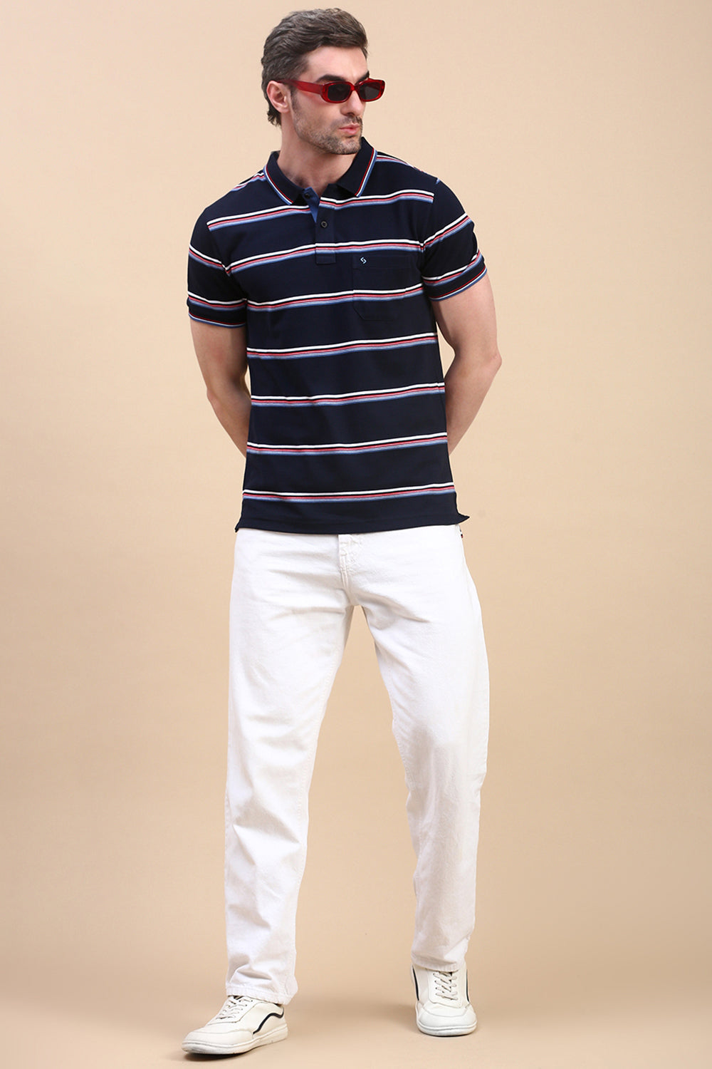 Classic Polo Men's Half Sleeve Navy Blue Polo Neck Slim Fit Striped T-Shirt