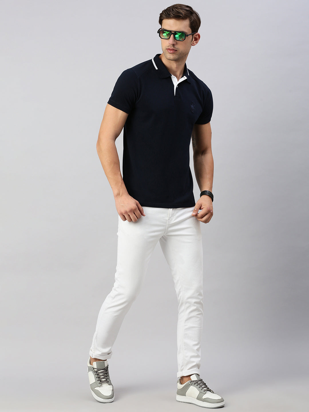 Classic Polo Men's Half Sleeve Navy Blue Polo Neck Slim Fit Solid T-Shirt | GENX-POLO 24 A SF P