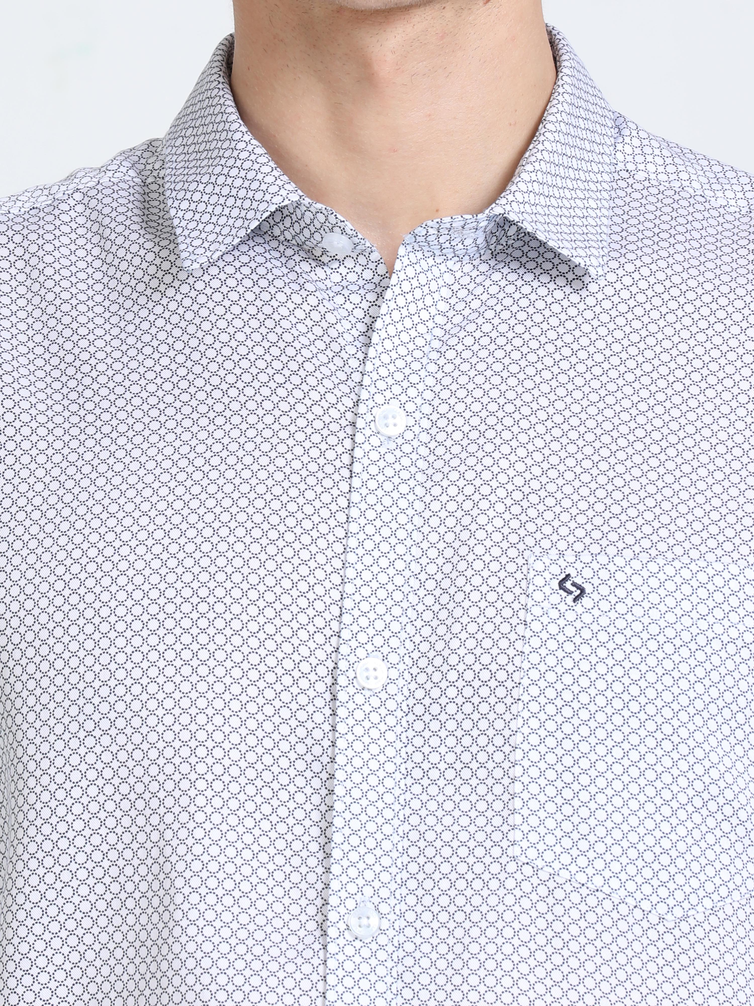 Classic Polo Mens Pure Cotton Full Sleeves Printed Slim Fit Polo Neck White Color Woven Shirt | So2-160 A-Fs-Prt-Sf
