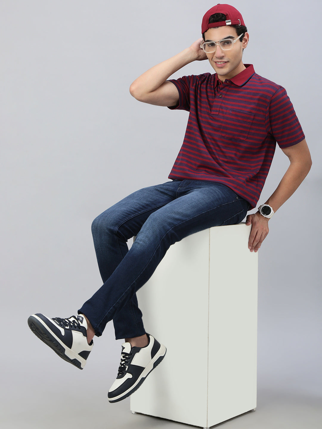 Classic Polo Men's Half Sleeve Maroon/Navy Blue Polo Neck Authentic Fit Striped T-Shirt||FEEDERS - 279 B AF P