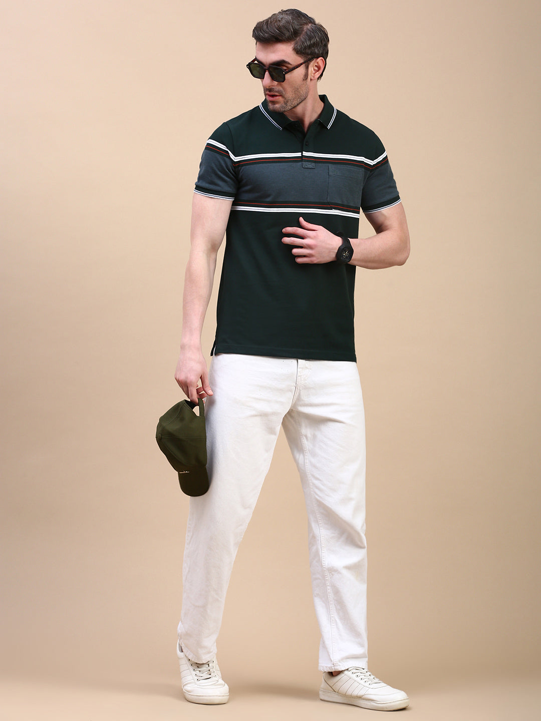 Classic Polo Men's Half Sleeve Dark Green Polo Neck Slim Fit Striped T-Shirt||VTA - 301 A SF P