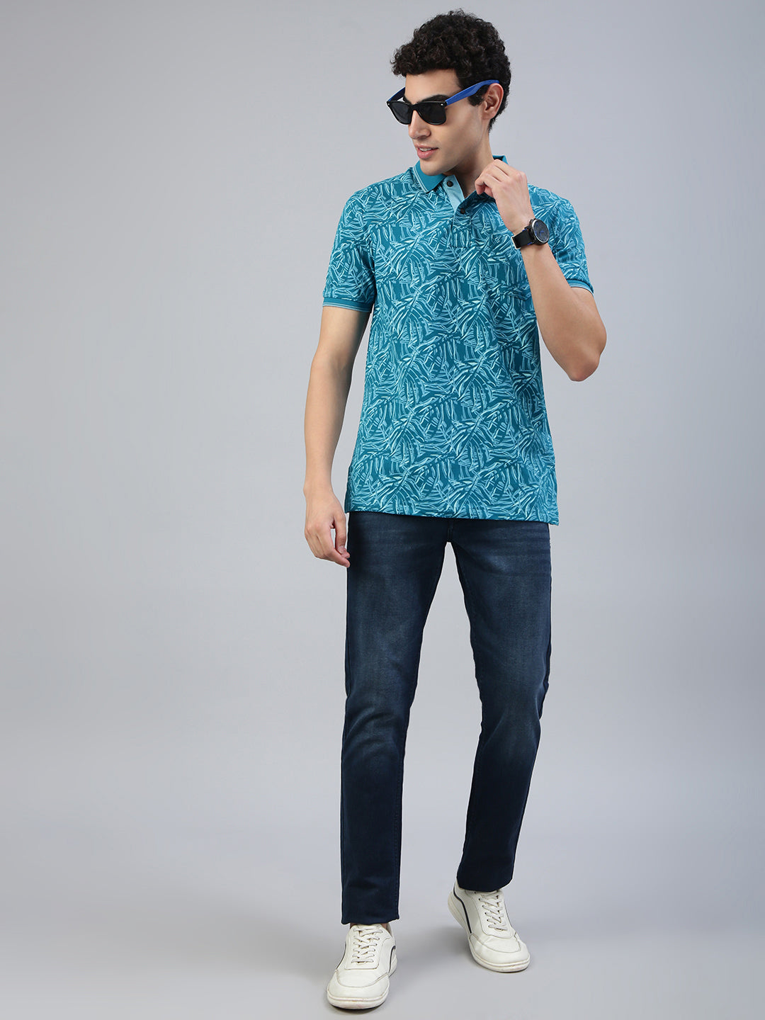 Classic Polo Men's Half Sleeve Teal Blue Polo Neck Slim Fit All Over Print T-Shirt||BEAU - 278 B SF P