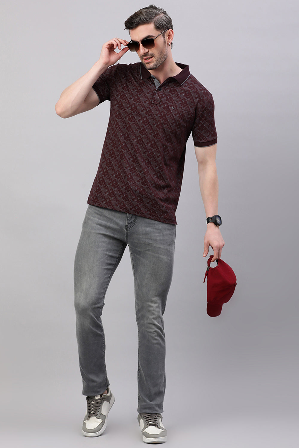 Classic Polo Men's Half Sleeve Burgundy Polo Neck Slim Fit All-Over Print T-Shirt