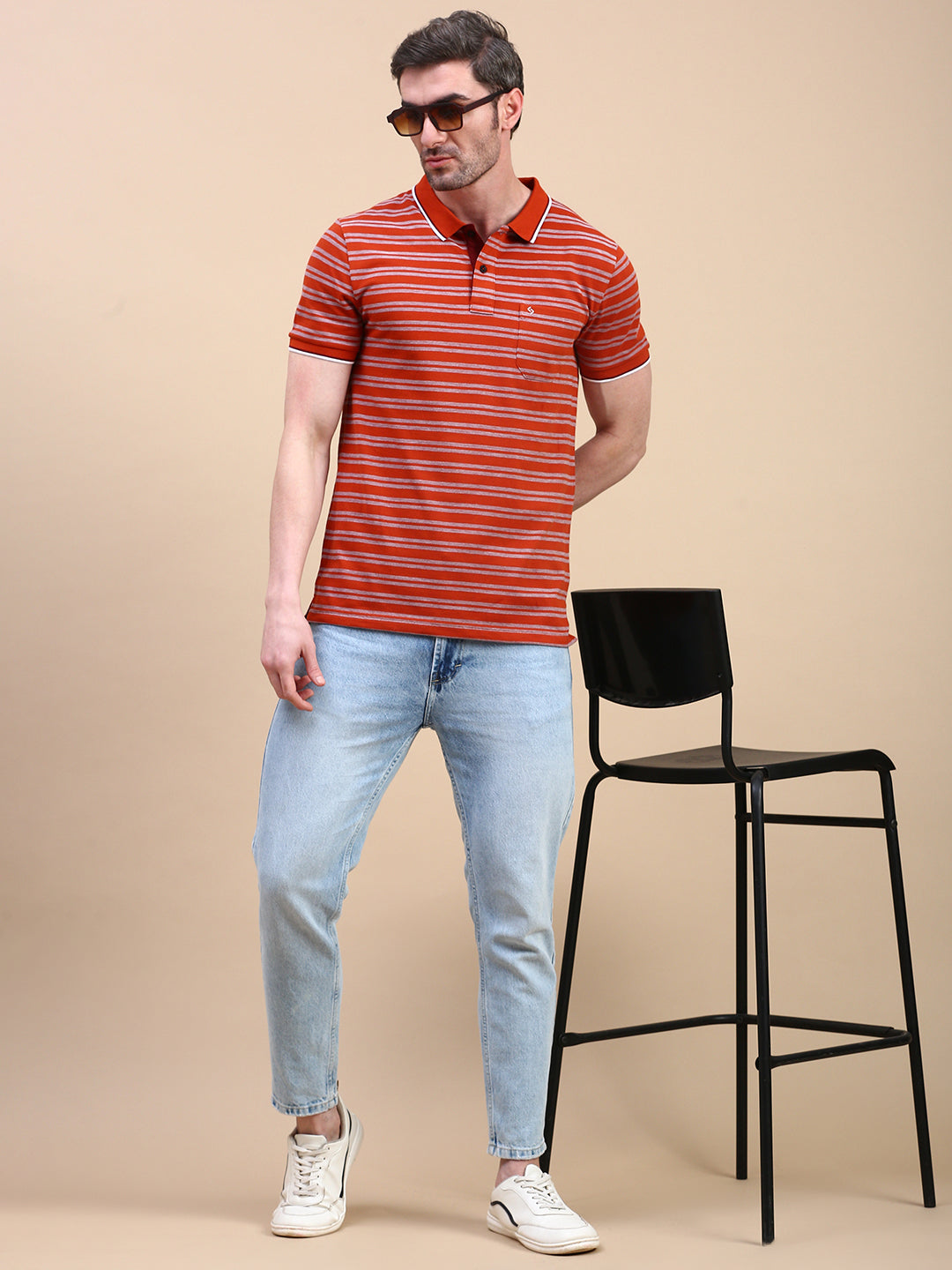 Classic Polo Men's Half Sleeve Red Polo Neck Slim Fit Striped T-Shirt||ADORE - 237 A SF P