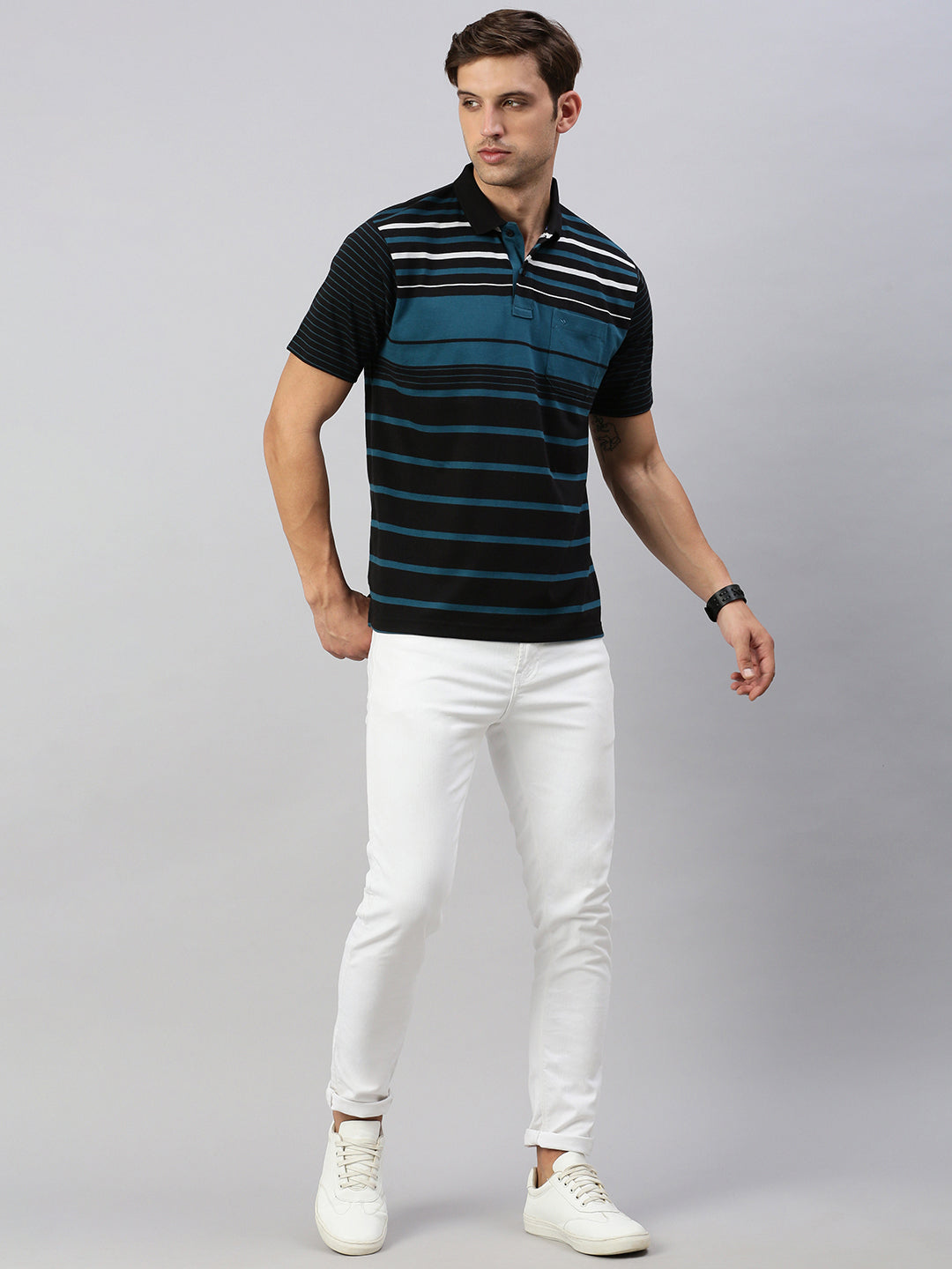 Classic Polo Men's Half Sleeve Black/Teal Polo Neck Authentic Fit Striped T-Shirt | AVON - 587 B AF P