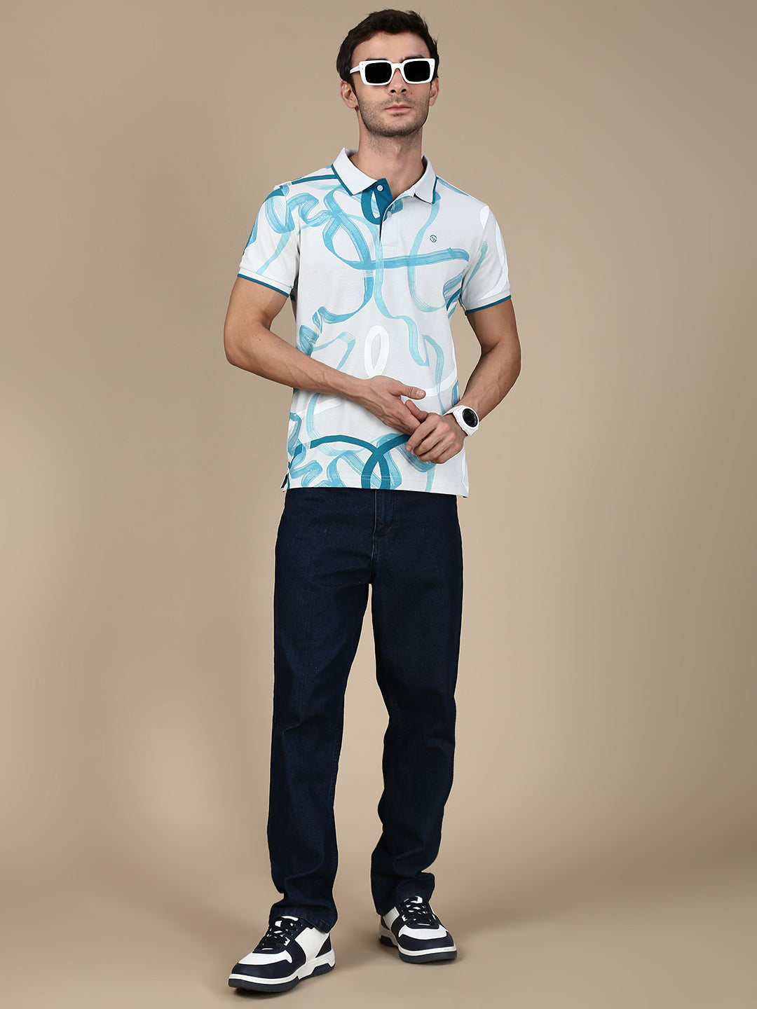 Classic Polo Men's Half Sleeve White/Blue Polo Neck Slim Fit All Over Print T-Shirt||GEN-X-POLO 32 A SF P