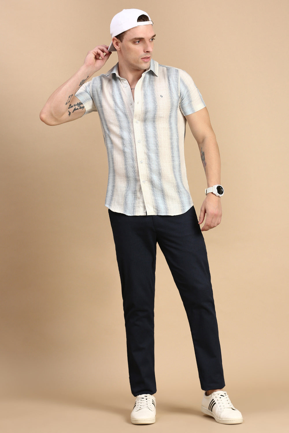 Classic Polo Men's Half Sleeve Beige/Blue Polo Neck Slim Fit Striped Shirt | SP2-GN-01 B-HS-STR-BSL