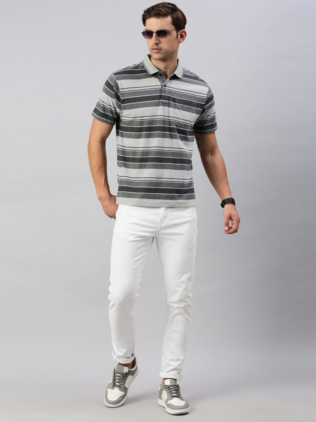 Classic Polo Men's Half Sleeve Grey/Charcoal Black Polo Neck Authentic Fit Striped T-Shirt | MEL - 256 B AF P