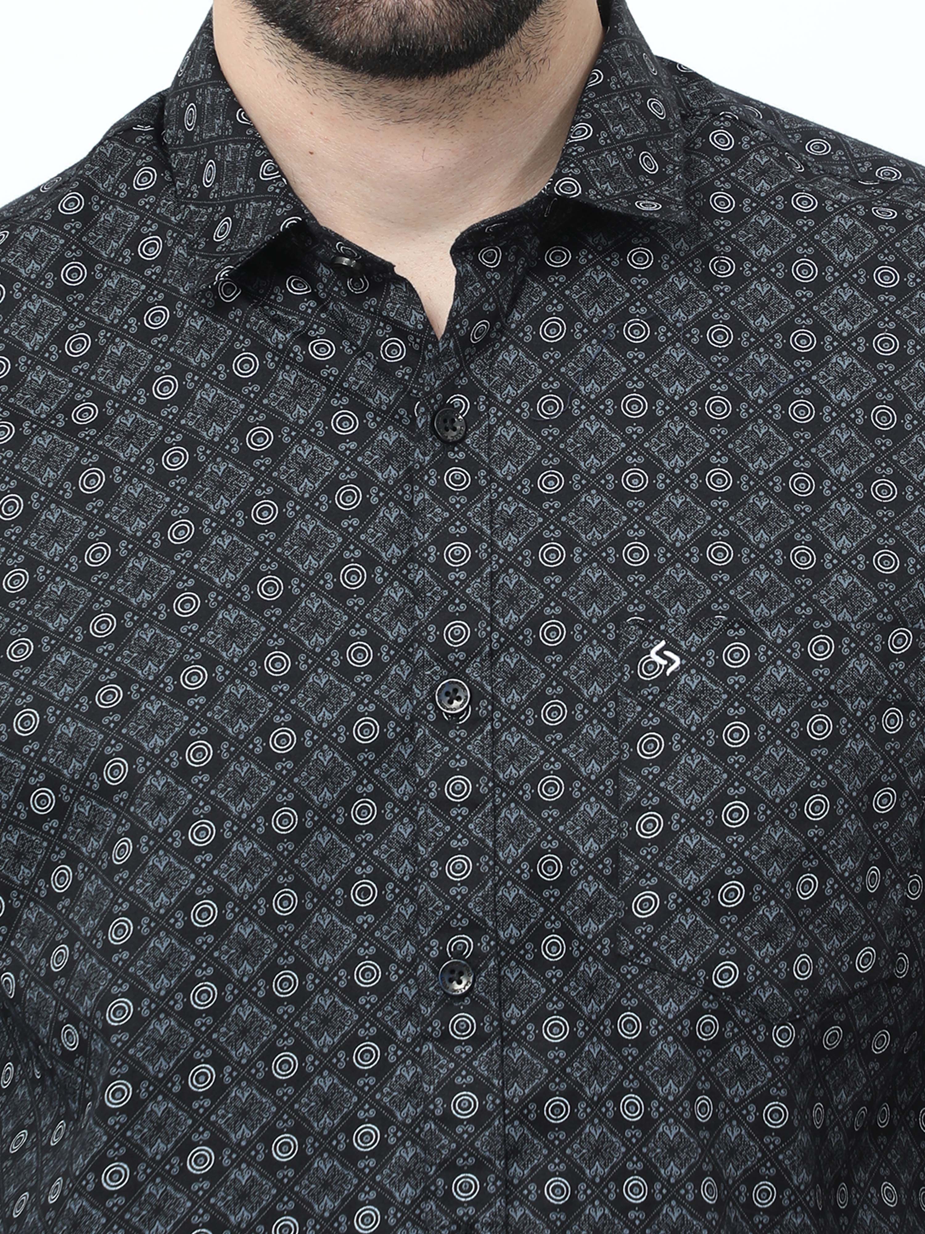 Classic Polo Mens Pure Cotton Full Sleeves Printed Slim Fit Polo Neck Black Color Woven Shirt | So2-170 B-Fs-Prt-Sf